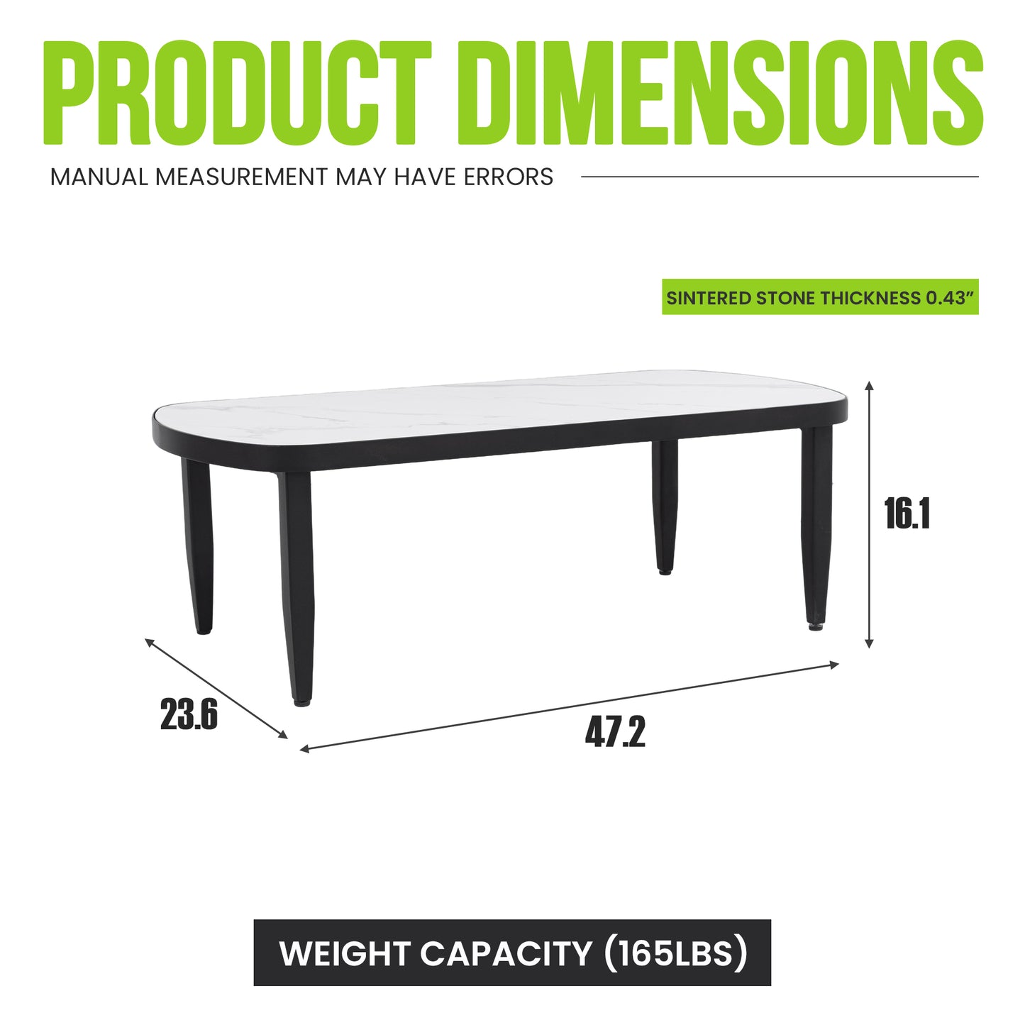 Modern Outdoor Elegance Arc 47.2''X23.6''Coffee Table with Greek White Marble-Inspired Sintered Stone Top,Aluminum Frame,Ember Black Finish,Post Tapered Legs & Rounded Corners,Weatherproof & Rust-Free
