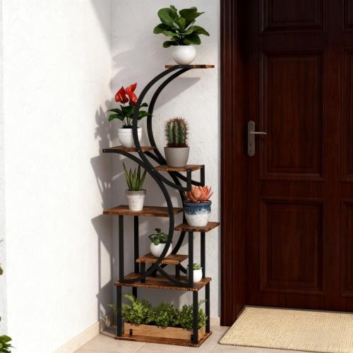 61.8" H 8-Tier S-Shaped Corner Plant Stand with Steel Frame and Fir Wood Base, Space-Saving Rack for Indoor Plants,