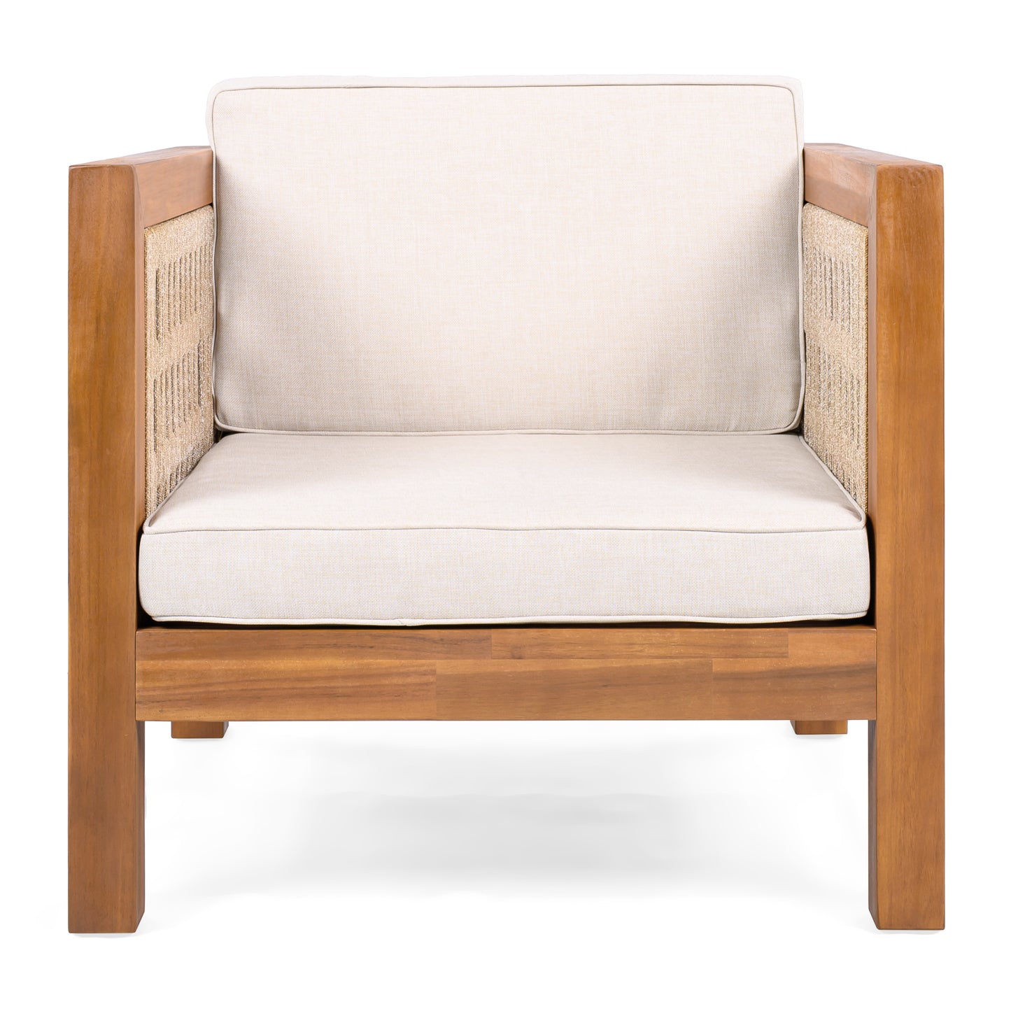 Acacia Wood Outdoor Club Chair  with Beige Rope Arm and Beige Cushions,400 lbs Capacity