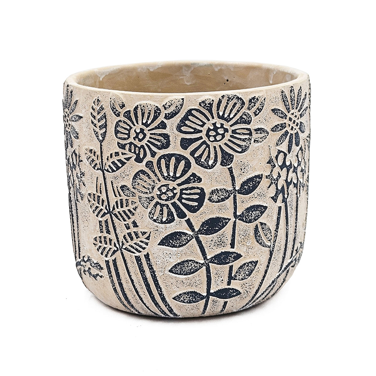 S/2 Gray Sand and Cement Planters with Blue Floral Motif, L:D7x6.7" S:D5.5x5"