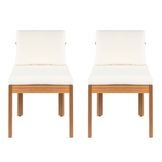 Acacia Wood Outdoor Dining Chair (Set of 2), Teak Finish Wood + Cream Cushions