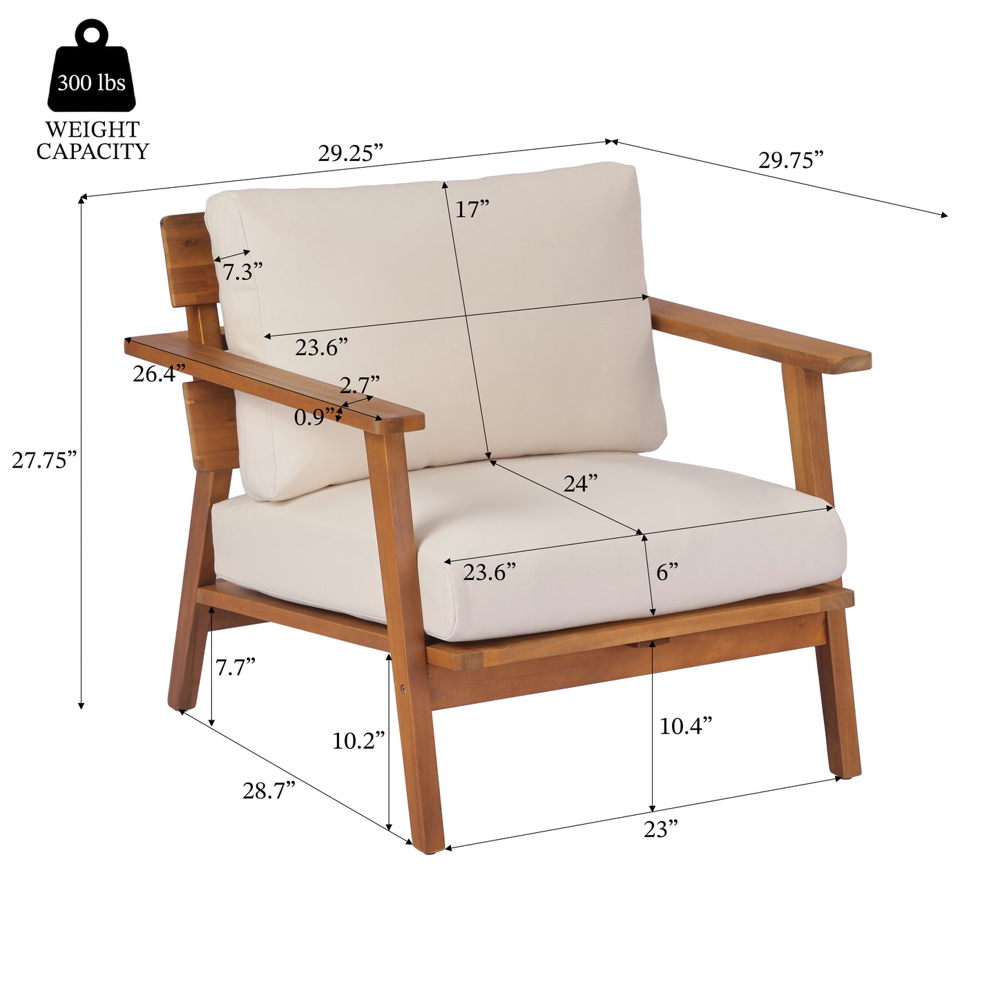 29.5" Mid-Century Modern Acacia Wood Outdoor Club Chair, Patio Armchair with Weather-Resistant Cushions & Solid Hardwood Frame