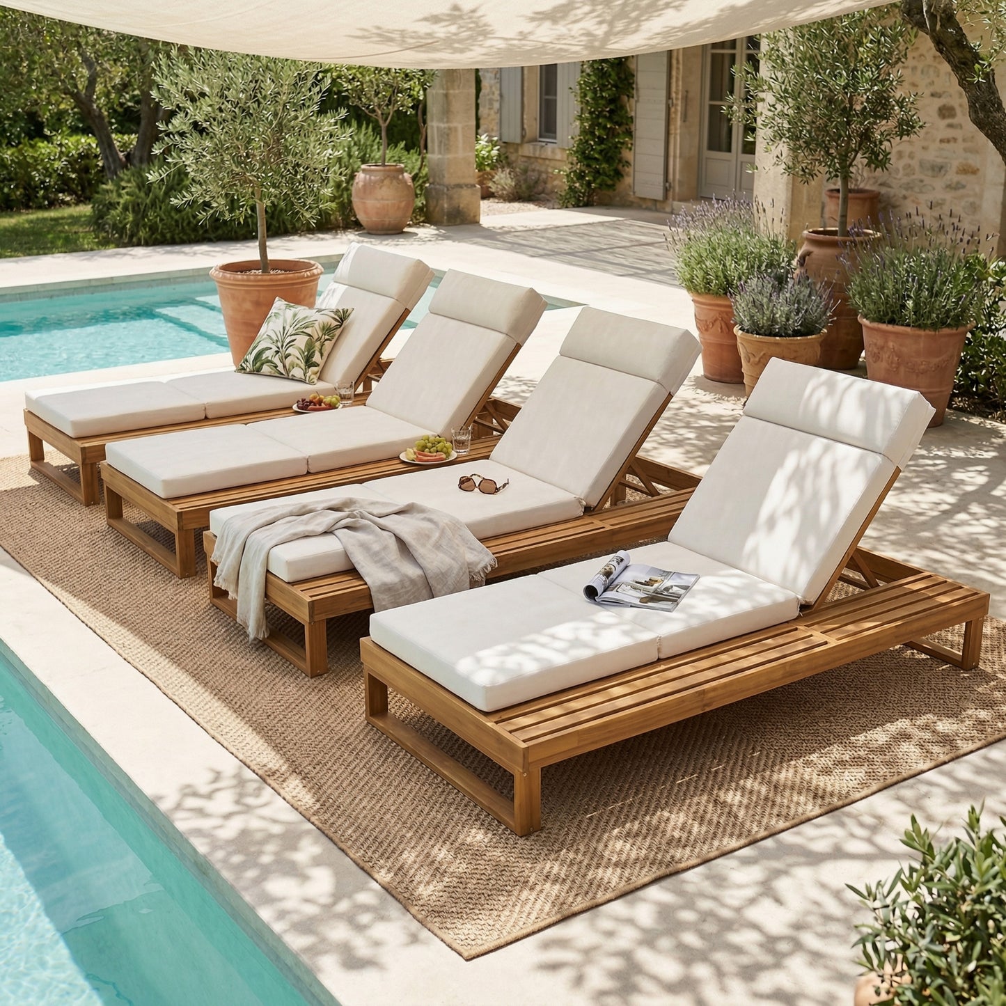 Teak Finish Acacia Wood Chaise Lounge with 4-Inch Beige 4-Fold Cushion Set, Adjustable Outdoor Patio Lounger with Flat Side Surface, for Poolside- Matching cream,dark gray version available