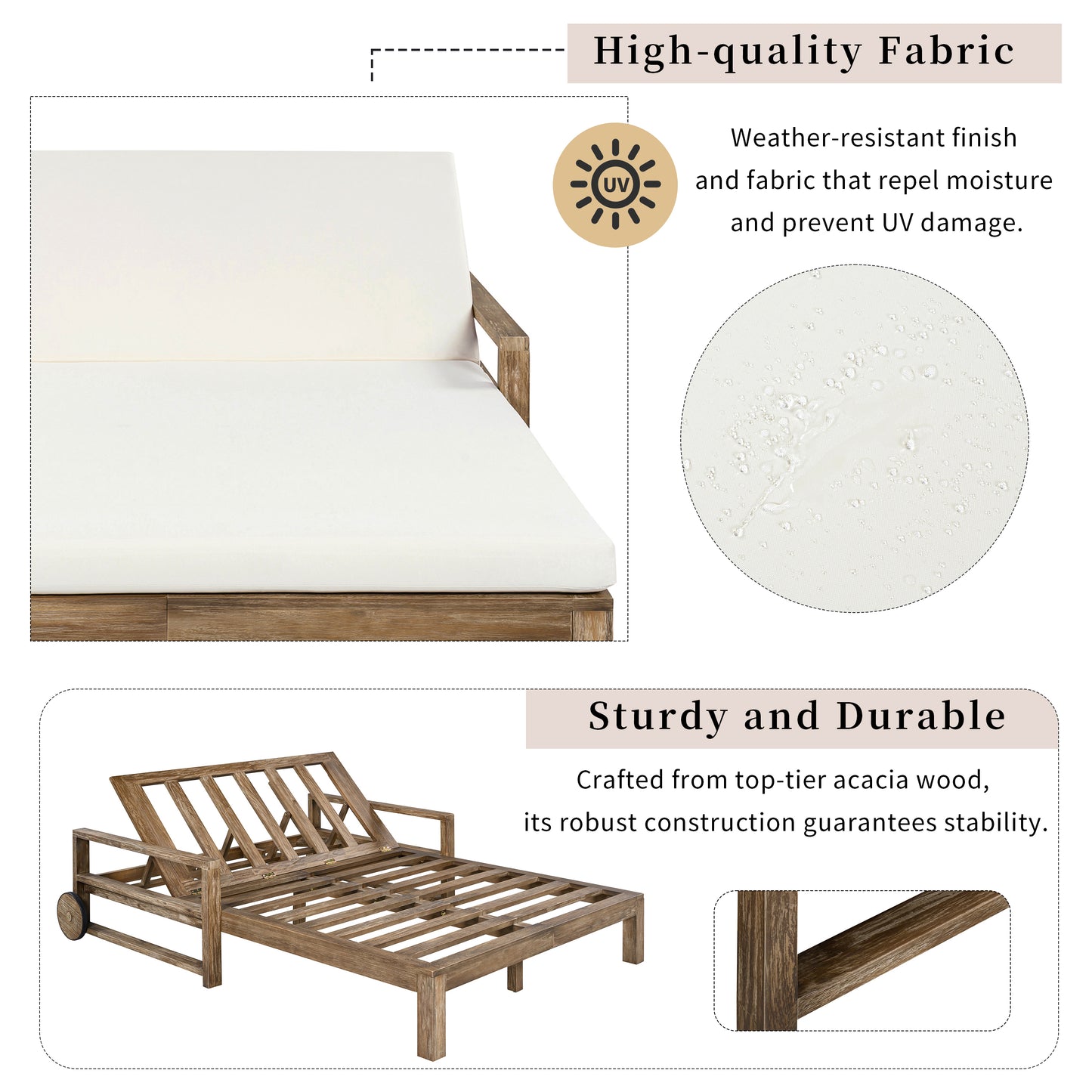 TREXM 1-Piece Farmhouse-styled Wooden Outdoor Sunbed for Ultimate Relaxation Outdoor Daybed Seating 2 People for Poolside, Garden and Backyard (Beige)
