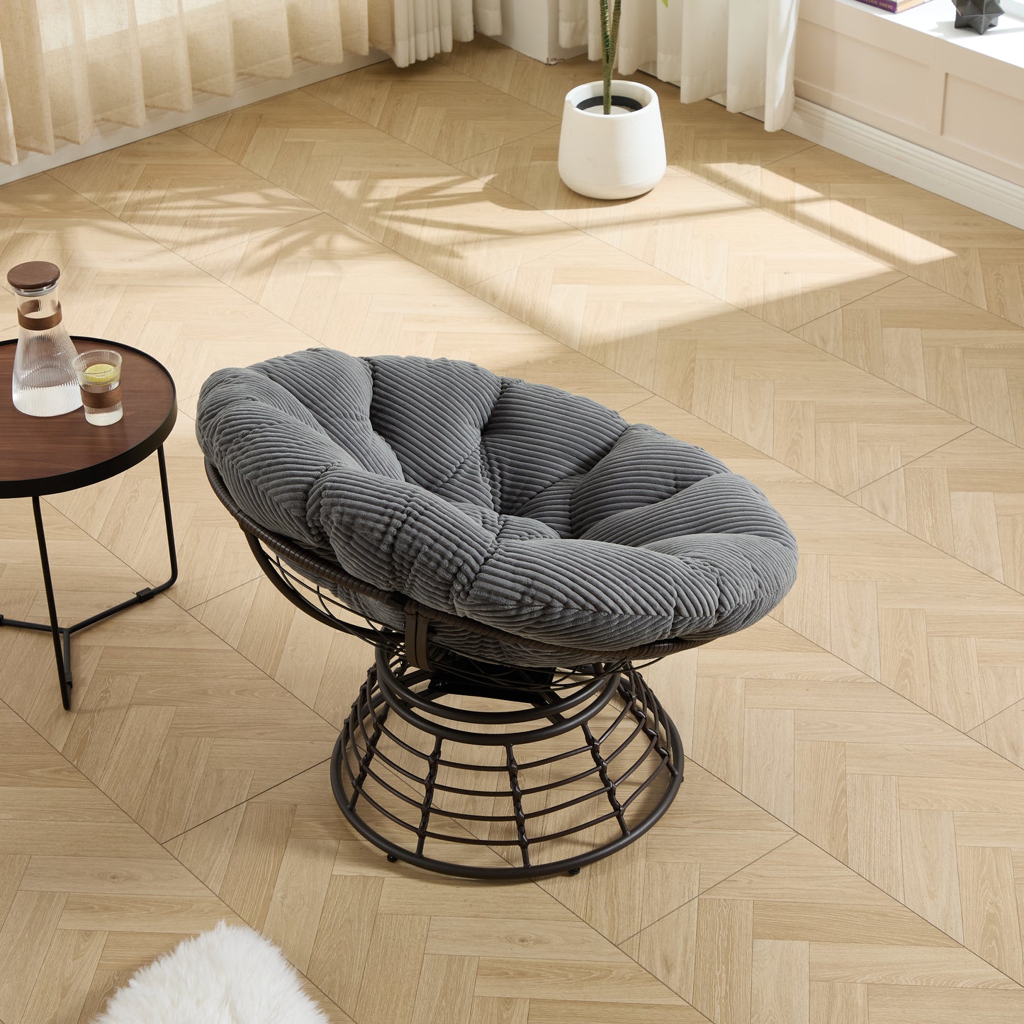 Comfortable Ergonomic Wicker Papasan Chair, 360° Swivel Indoor Outdoor Rattan Chair with Soft Thick Cushion, Ideal for Living Room, Bedroom, Reading Room, Brown Frame with Grey Cushion