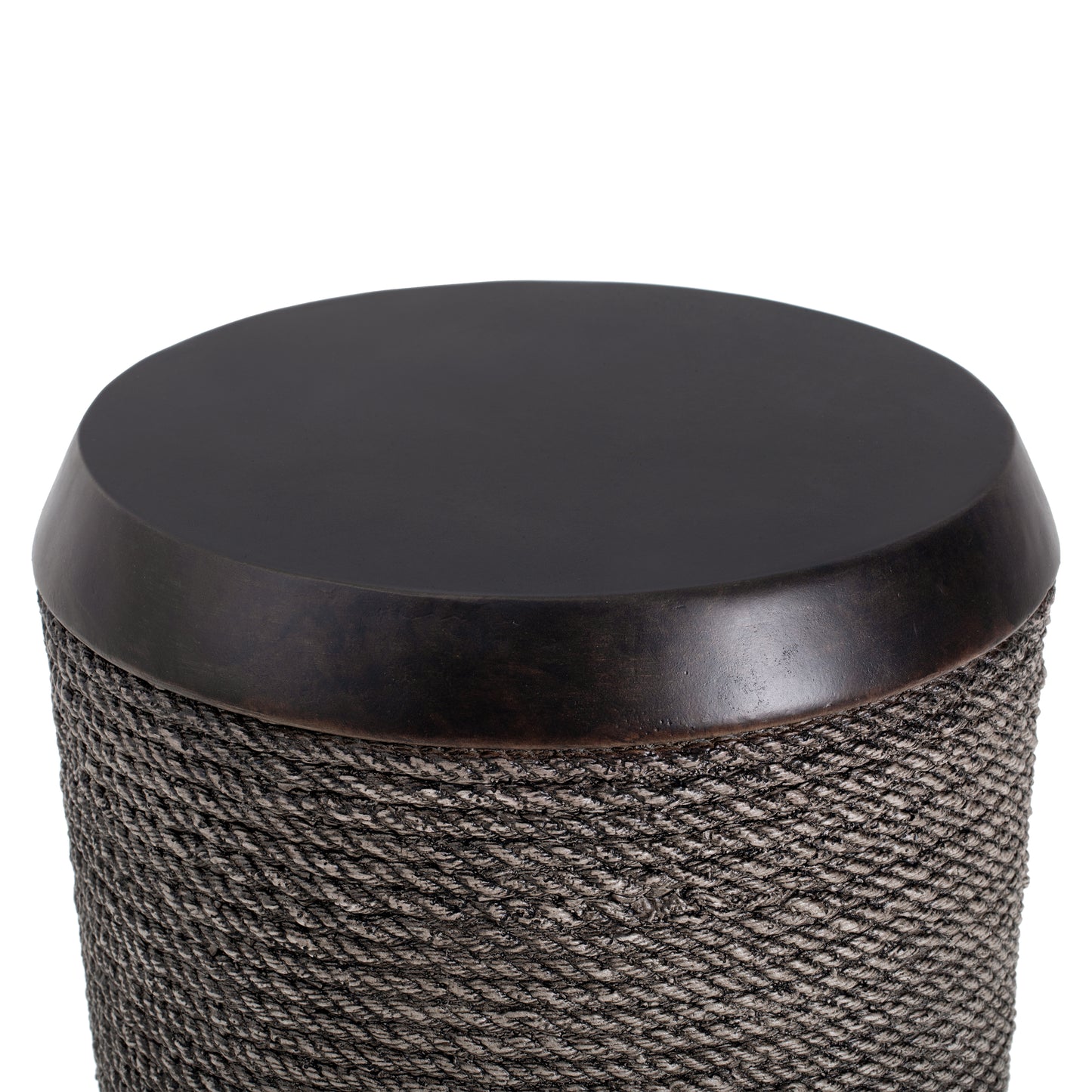 Outdoor Dark Brown Simulated Braided Cord MGO Side Table with Vintage Trim – Indoor Retro Cylindrical End Table for Home & Patio Decor