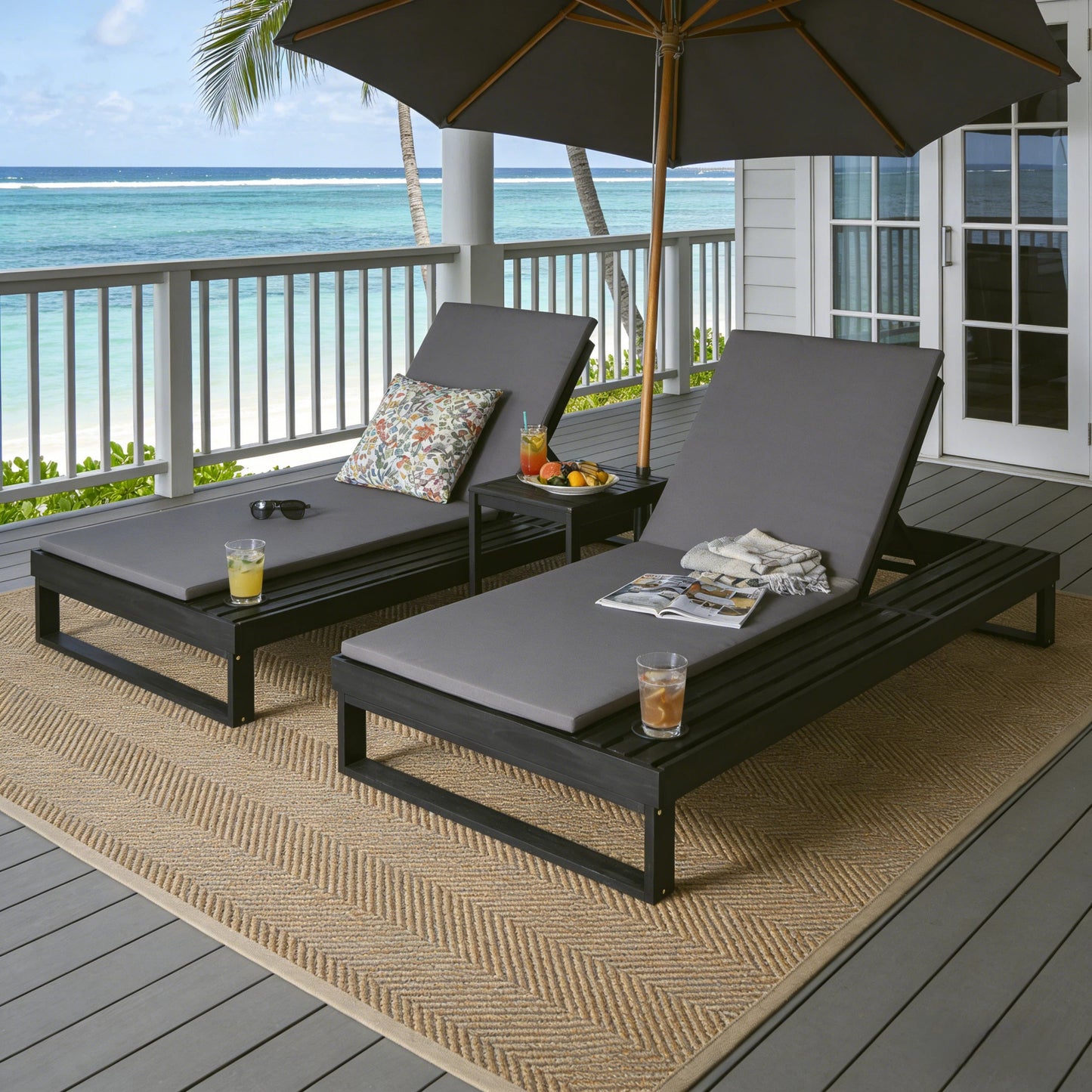 Black Acacia Wood Chaise Lounge with 1.57-Inch Dark Gray 2-Fold Cushion Set, 4-Position Adjustable with Flat Side Surface, for Poolside - Matching cream,leaf coconut version available