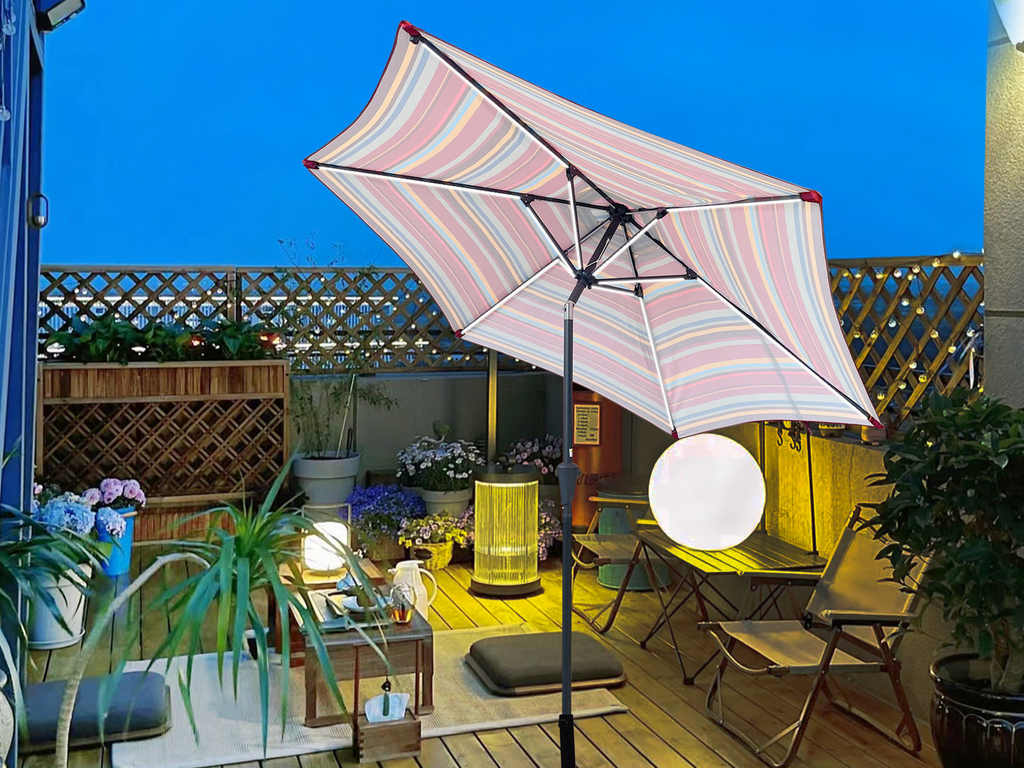 9FT UMBRELLA WITH LIGHT Red and Stripes