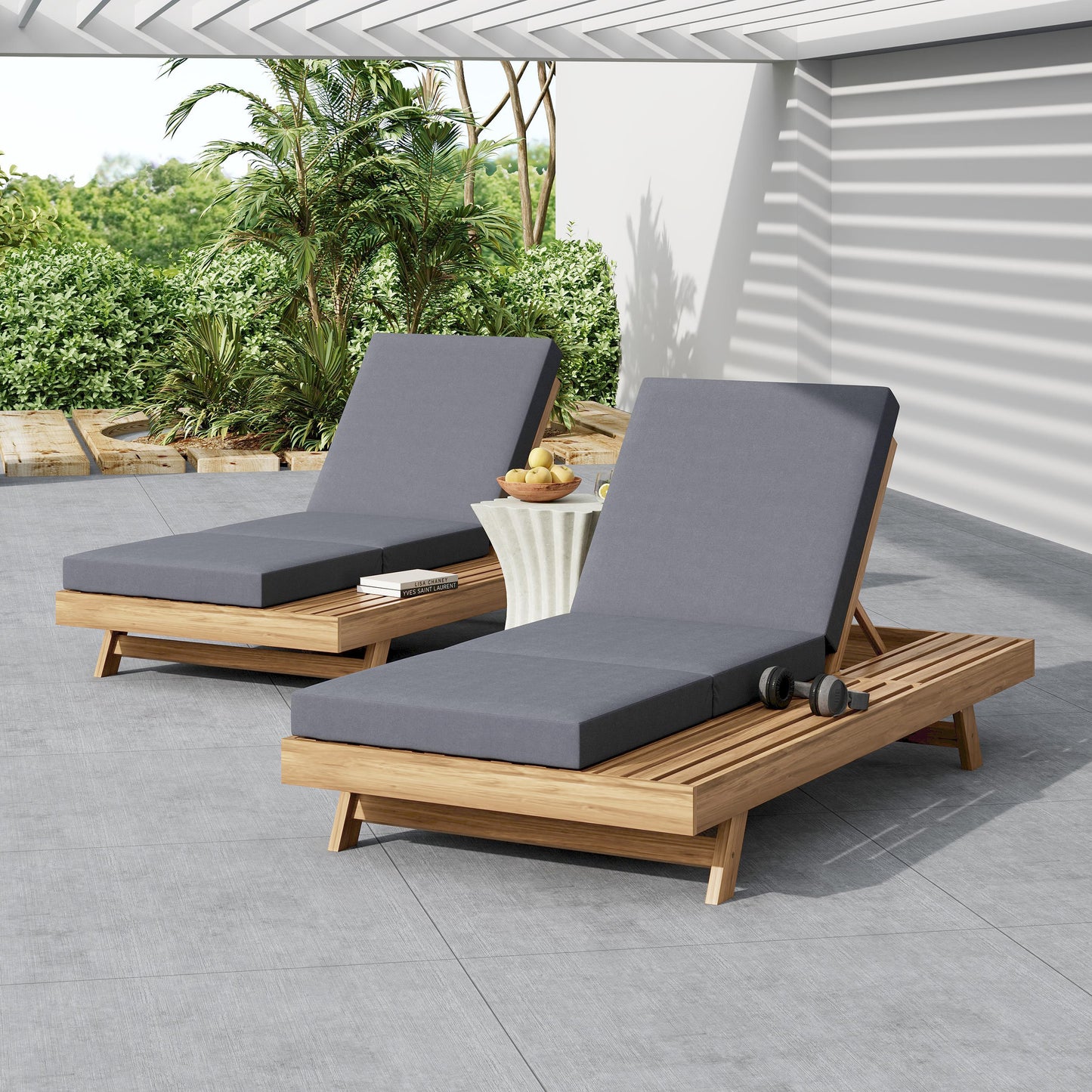 Lounge Chaise Set, Space Available On One Side, Acacia Solid Wood In light brown With Lounge Cushion (Dark Grey & Triple Fold) – Matching Cream Version Available
