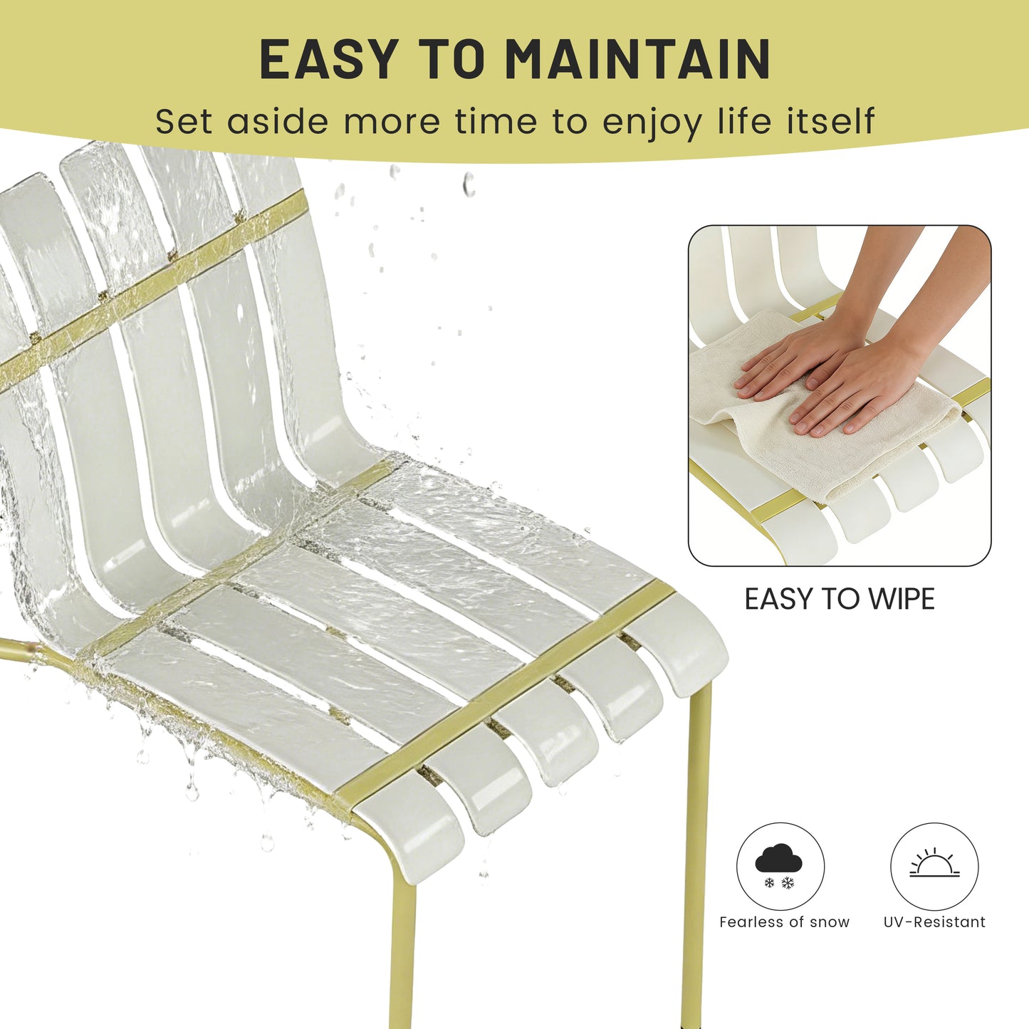 Summer - 4-Pack Modern Striped Color Block Chairs - Waterproof PP Seat & Sturdy Metal Legs, Indoor/Outdoor Dining Set for Patio, Balcony, Café (White & Yellow)