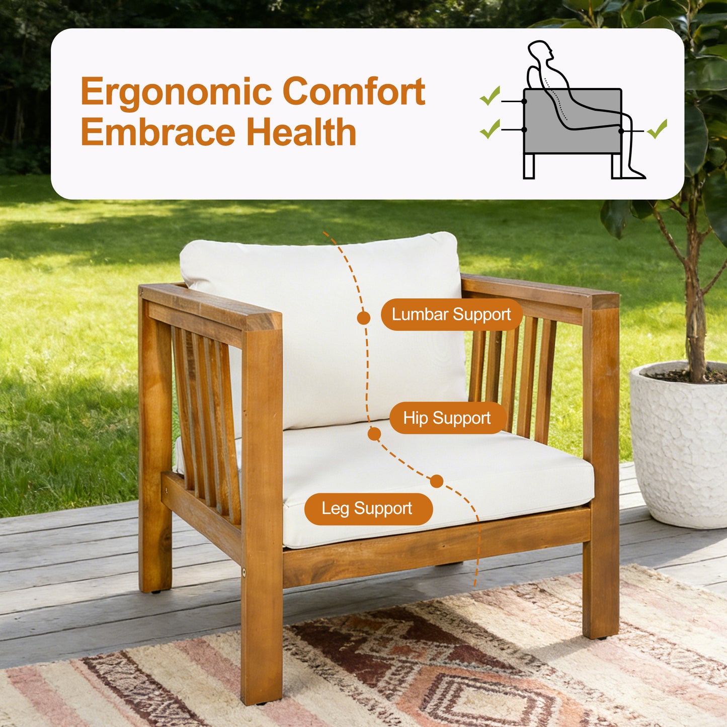 Set of 2 Outdoor Acacia Wood Club Chairs with Modern Square Arms, 2-Piece Patio Conversation Set with Thick Cushions, Adjustable Leveling Feet for Poolside, Backyard & Deck, Beige Cushions