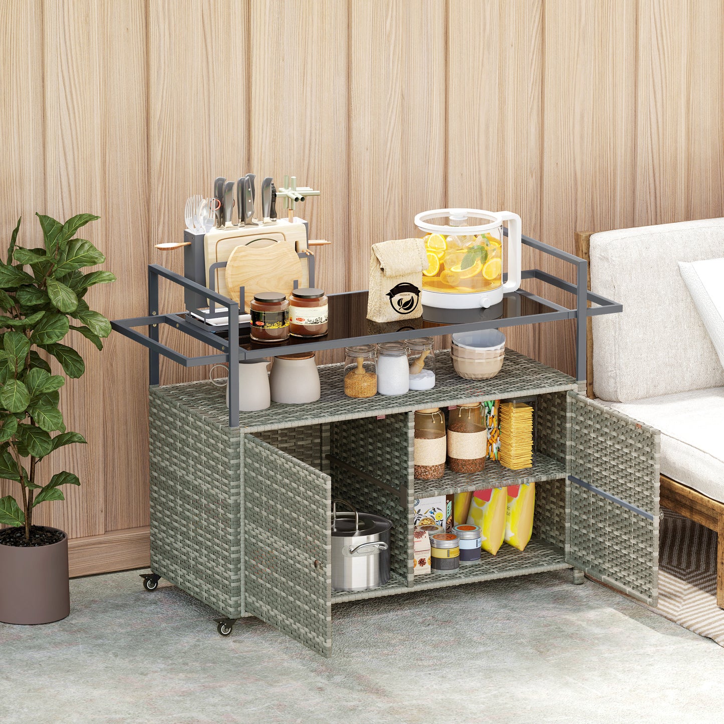 Outsunny Wicker Outdoor Bar Table with 2-Tier Shelf & Cabinet, Mixed Gray