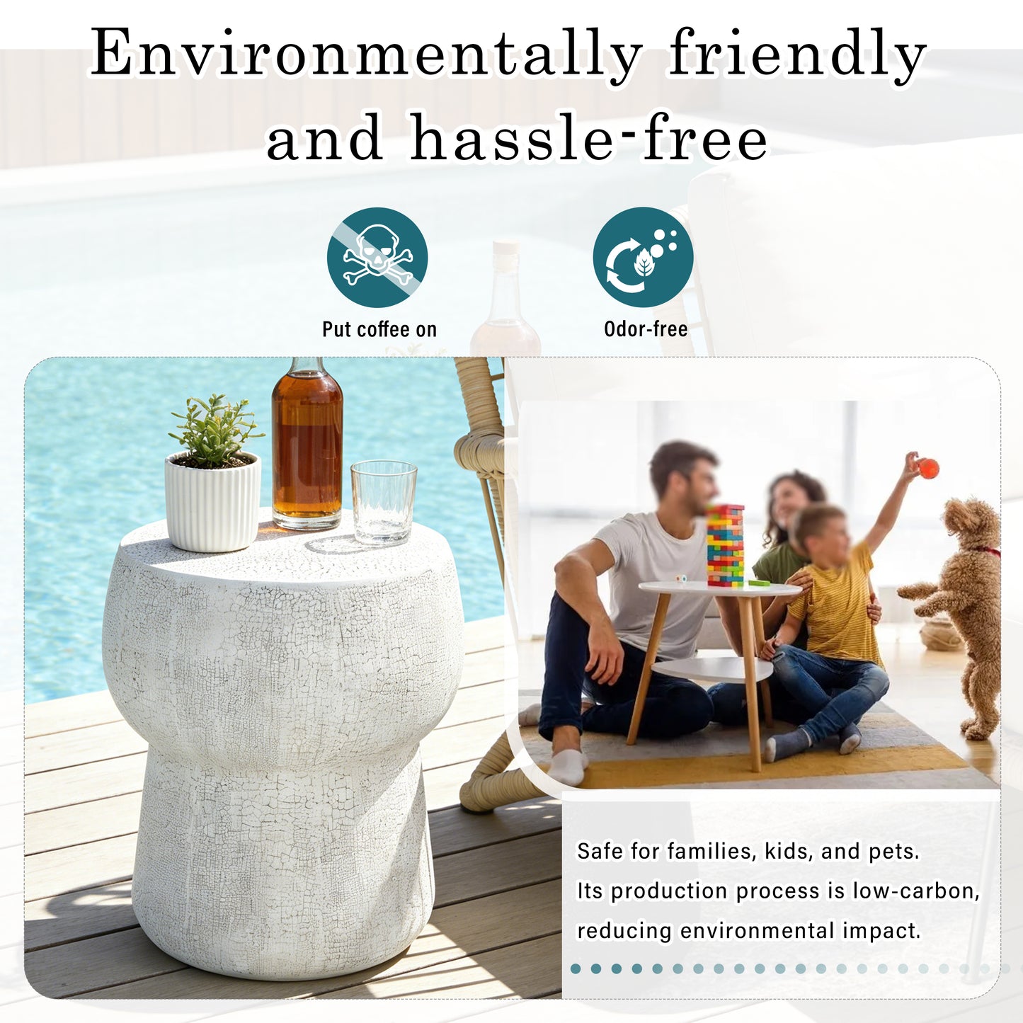 U_Style Outdoor Patio Accent Table with Crack process , Morden Concrete coffee Table with Double Barrel Shape Outdoor Side Table, Garden Stoolsl  for Patio,Garden, Backyard.