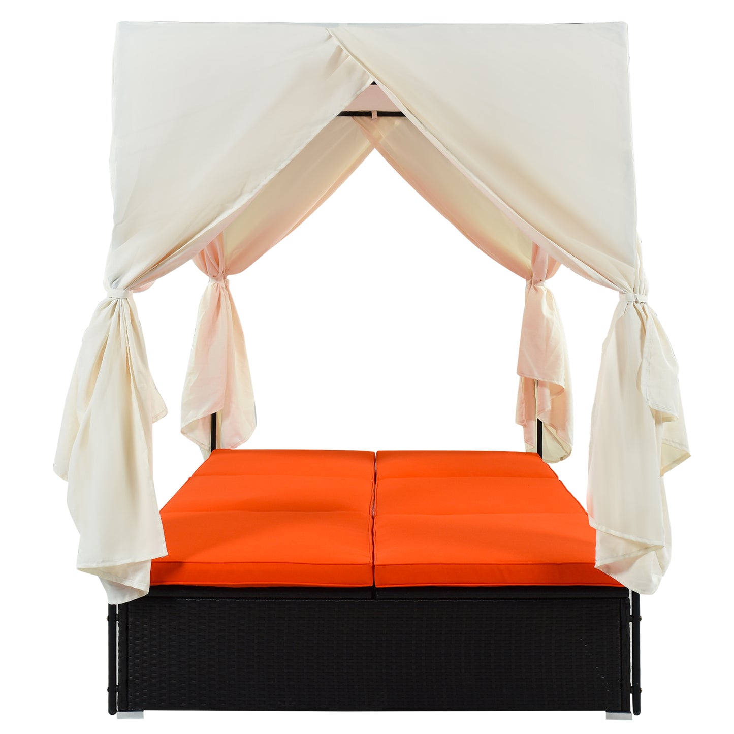 U_STYLE Outdoor Double Chaise Lounge Daybed with Curtains,Patio Outdoor Sunbed with Adjustable Backrest, Sturdy Steel Frame Loveseat Sofa for Backyard,Poolside, Terrace