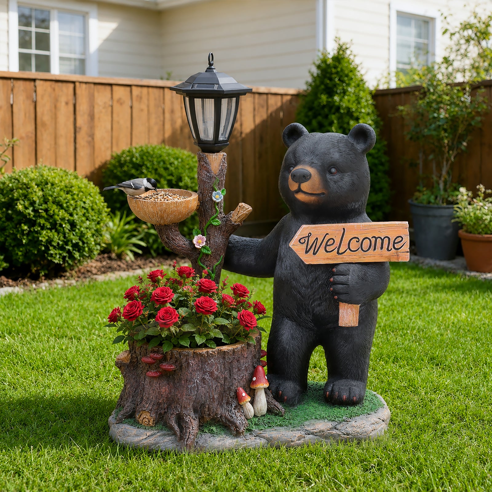 Decorative Standing Black Bear Garden Planter with Solar-Powered Lantern - Polyresin Bear Figurine and Flower Pot for Outdoor Lawn & Yard Decor