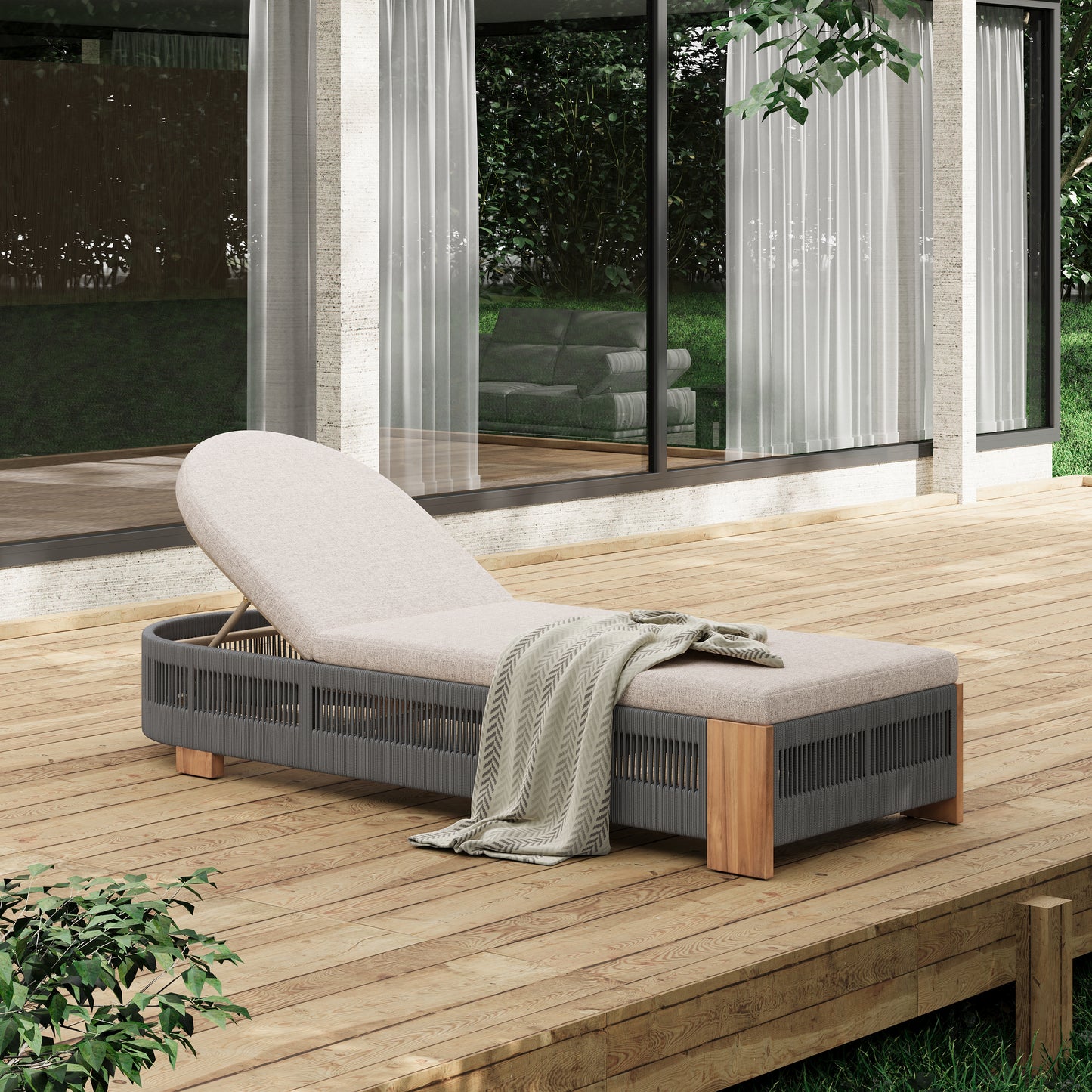 Outdoor Chaise Lounge Chair, Acacia wood Pool Chair with Adjustable Backrest and Cushion, Outdoor Lounge Chair for Beach, Yard, or Poolside (Grey rope)