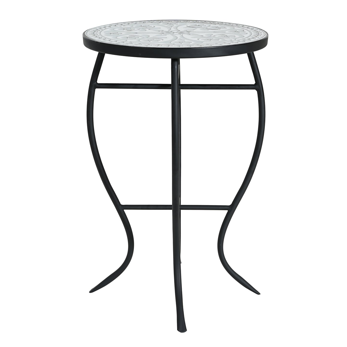 Outdoor Round Side Table with Mosaic-Style Top and Curved Iron Legs, Grey and Matte Black