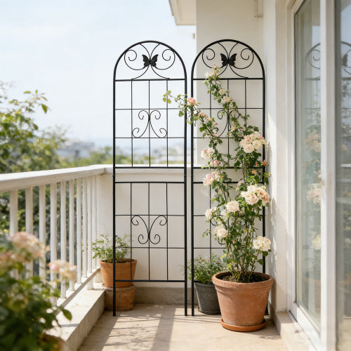 2-Pack Metal Garden Trellis 71 in. x 19.7 in. Simple Design Trellis for Climbing Plants Flower Support, Butterfly Black