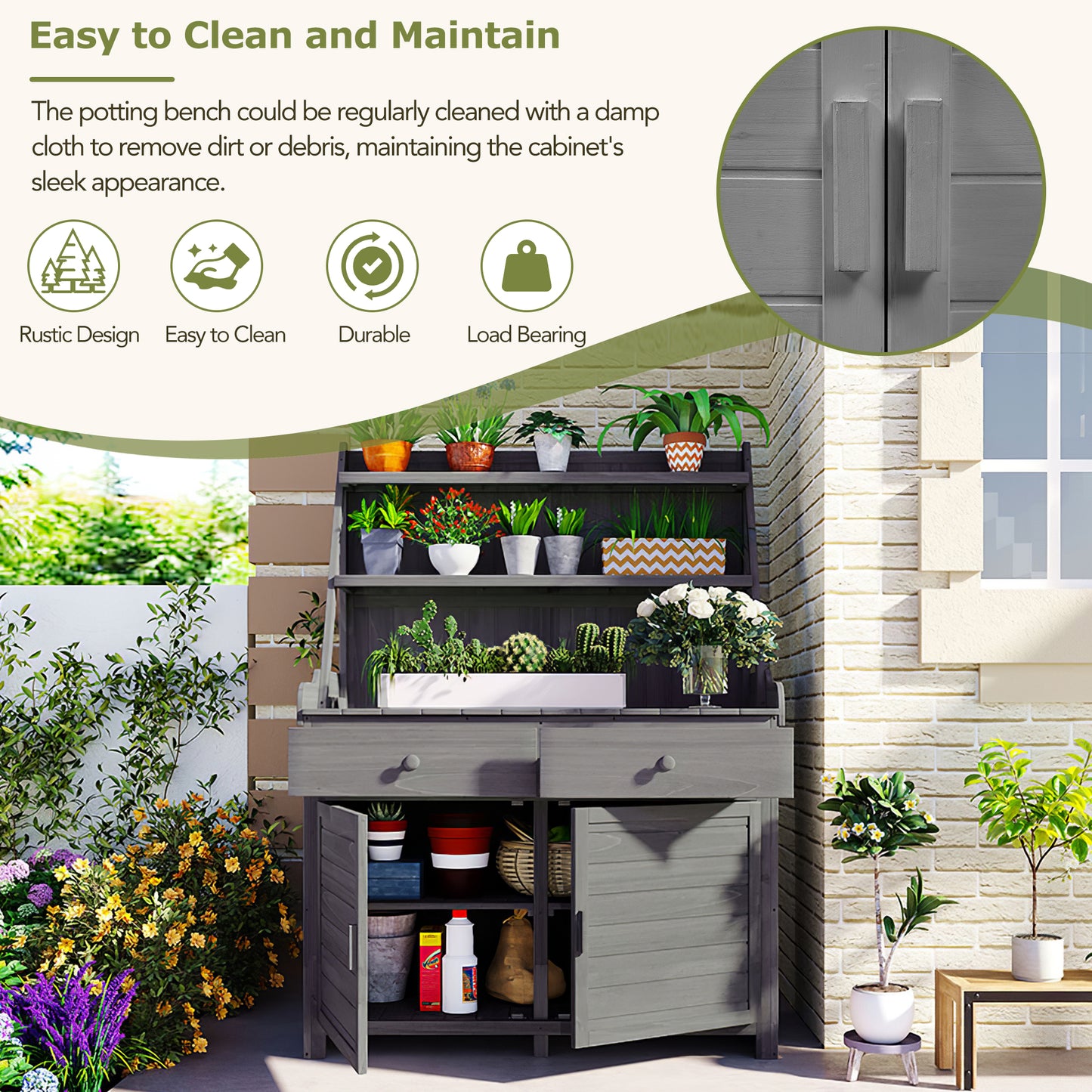 [Assembly Video Provided] TOPMAX 65inch Garden Potting Bench Table, Fir Wood Workstation with Storage Shelf, Drawer and Cabinet, Gray