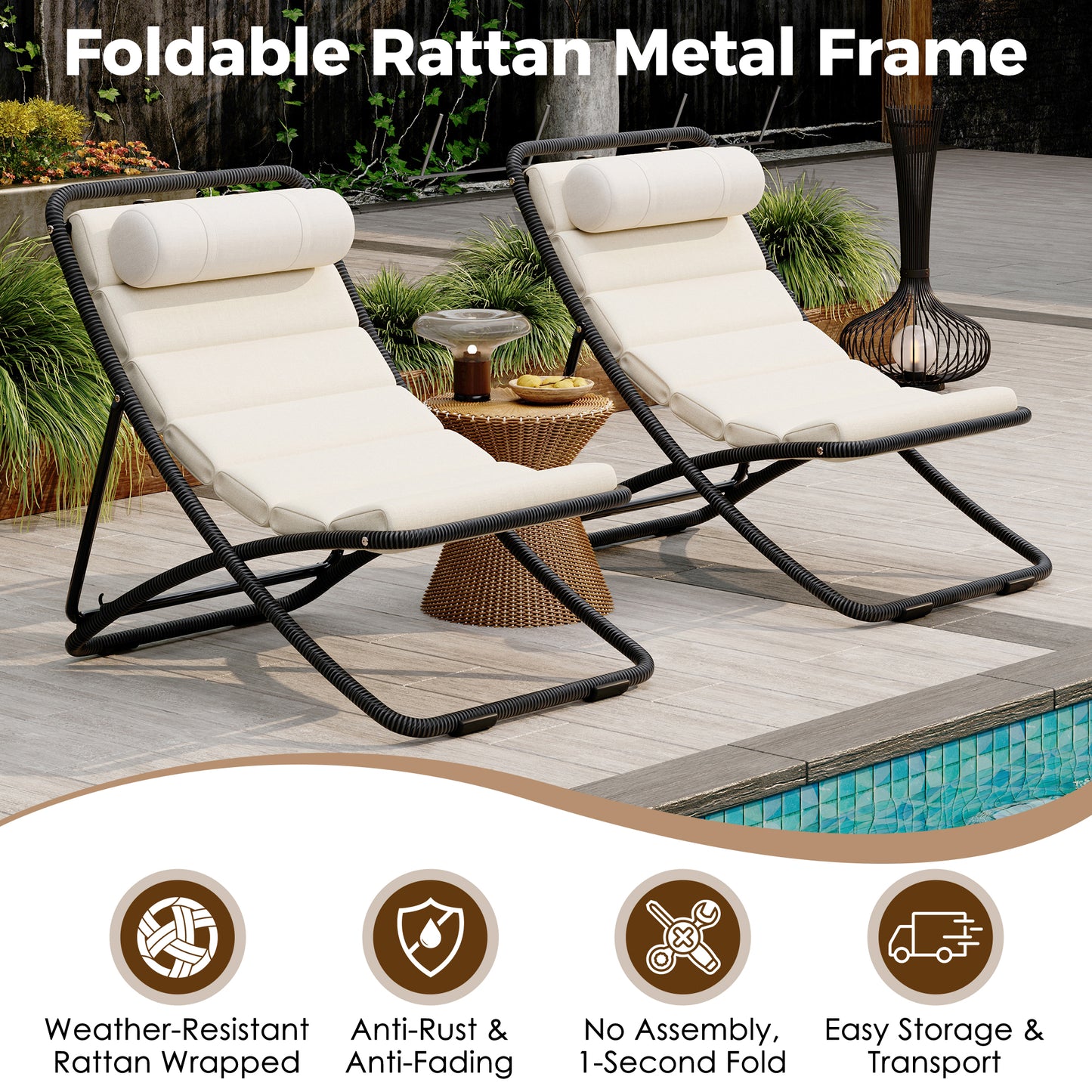TREXM 2-Pieces Outdoor Folding Chair, Rattan-Wrapped Patio Chair with Adjustable Backrest, Thick Cushion, and Detachable Headrest ,for the Poolside, Beach, Backyard, Decck, and Camping (Black)