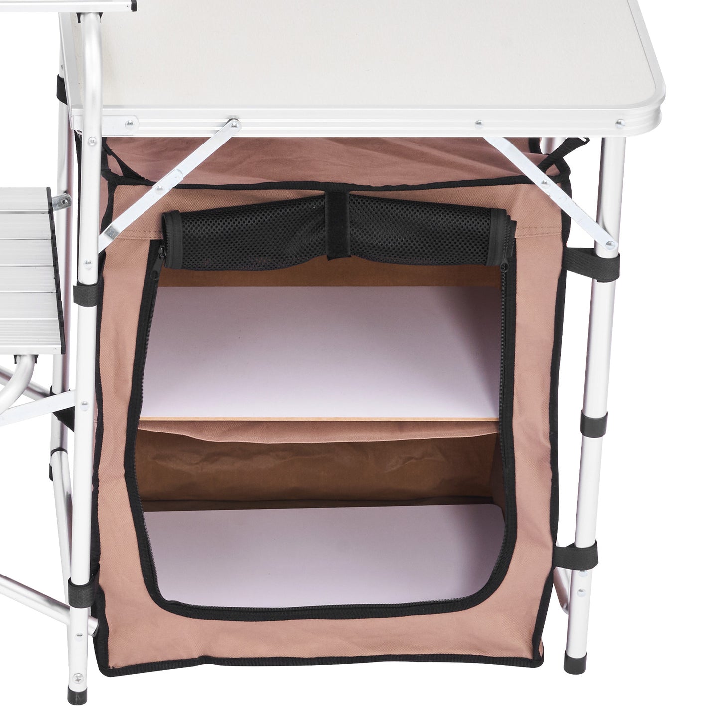Camping Kitchen Table Picnic Cabinet Folding Cooking Storage Rack Portable Brown
