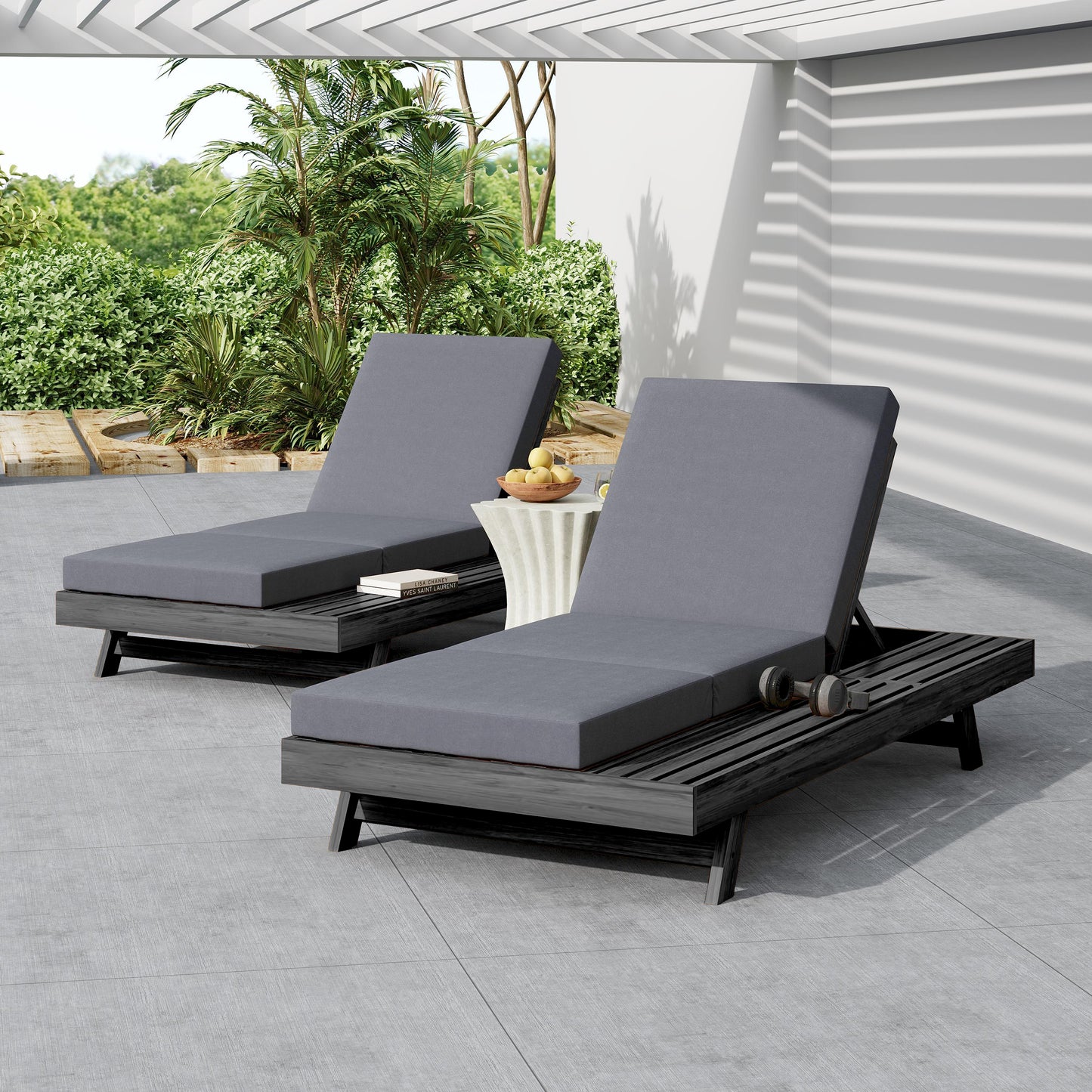 Lounge Chaise Set, Space Available On One Side, Acacia Solid Wood In Black With Lounge Cushion (Dark Grey & Triple Fold) – Matching Cream Version Available