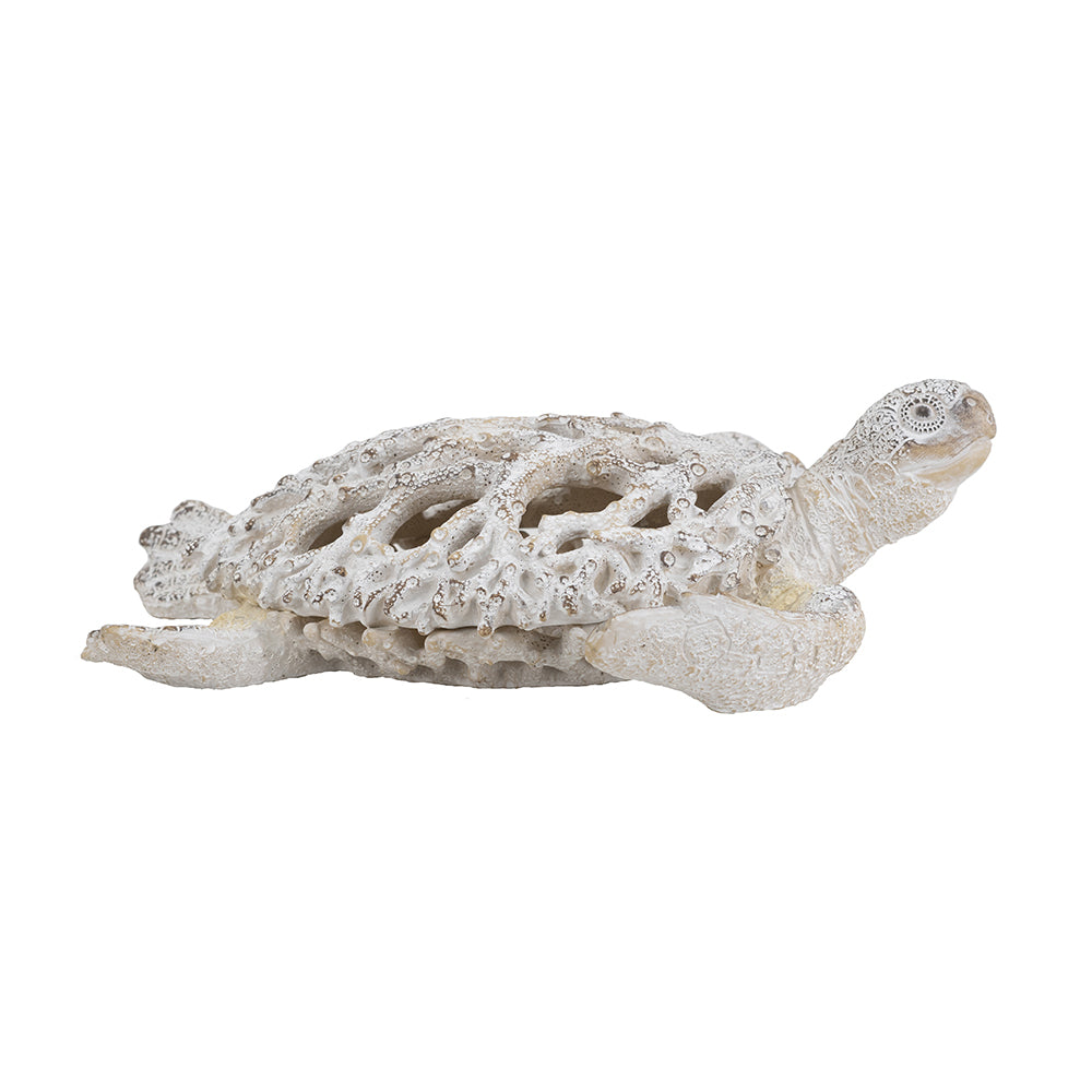 13.2x12.2x3.9" Decorative Polyresin Turtle Statue with White Coral Reef Design