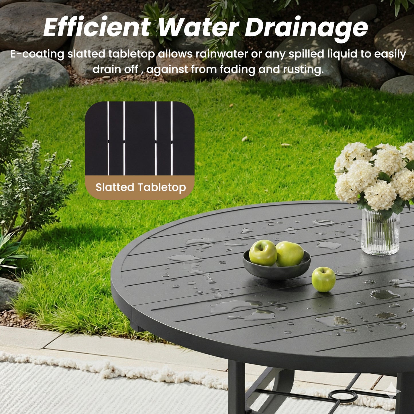 Round Outdoor Patio Dining Table, 47" Round Patio Table Wood-Like Grain with 1.57" Umbrella Hole, Metal Outdoor Dining Tables for Backyard and Poolside