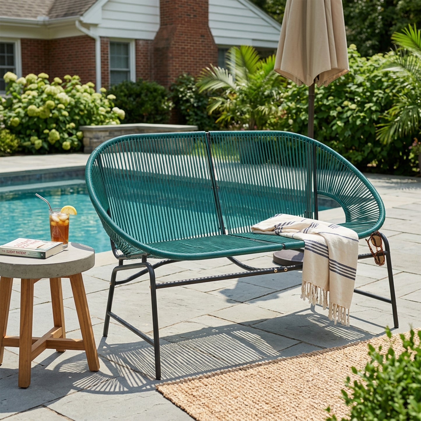 CONDESSA OUTDOOR PATIO WICKER LOVE SEAT, GREEN PE RATTAN & IRON FRAME, SET OF 1