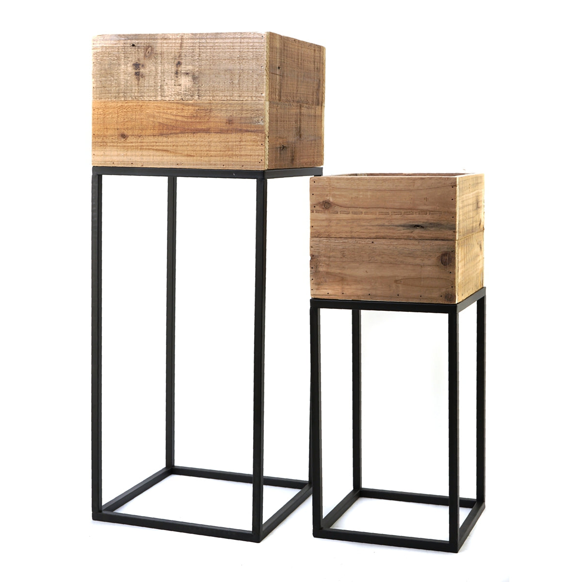 Set of 2 Reclaimed Wooden Box With Black Iron Stand, L:11x11x29.5" S:8.5x8.5x21.5"