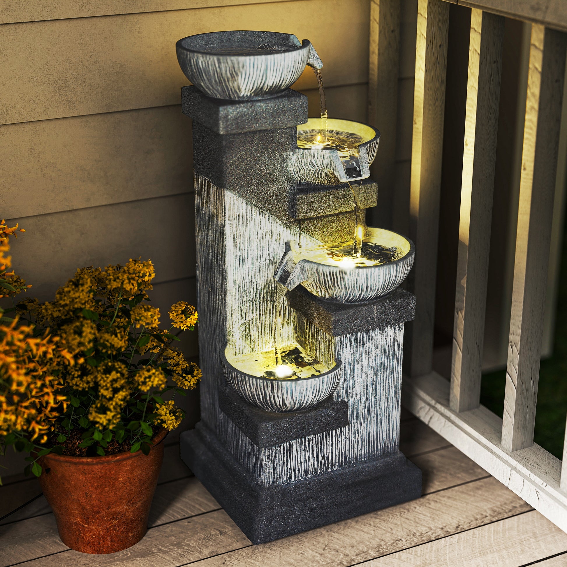 Outsunny 33.5" Outdoor Water Fountain, 4-Tier Floor Standing Resin Cascading Bowls Waterfall Fountain with LED Lights, Pump