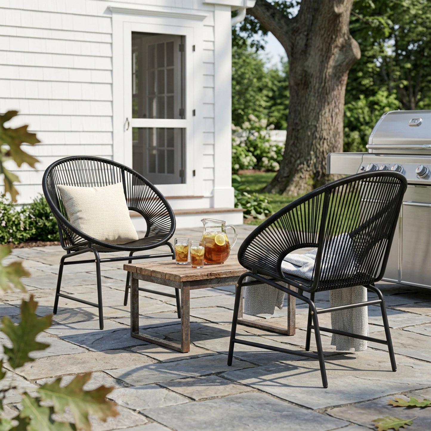 NUSA OUTDOOR PATIO WICKER CHAIR, BLACK PE RATTAN & IRON FRAME, SET OF 2