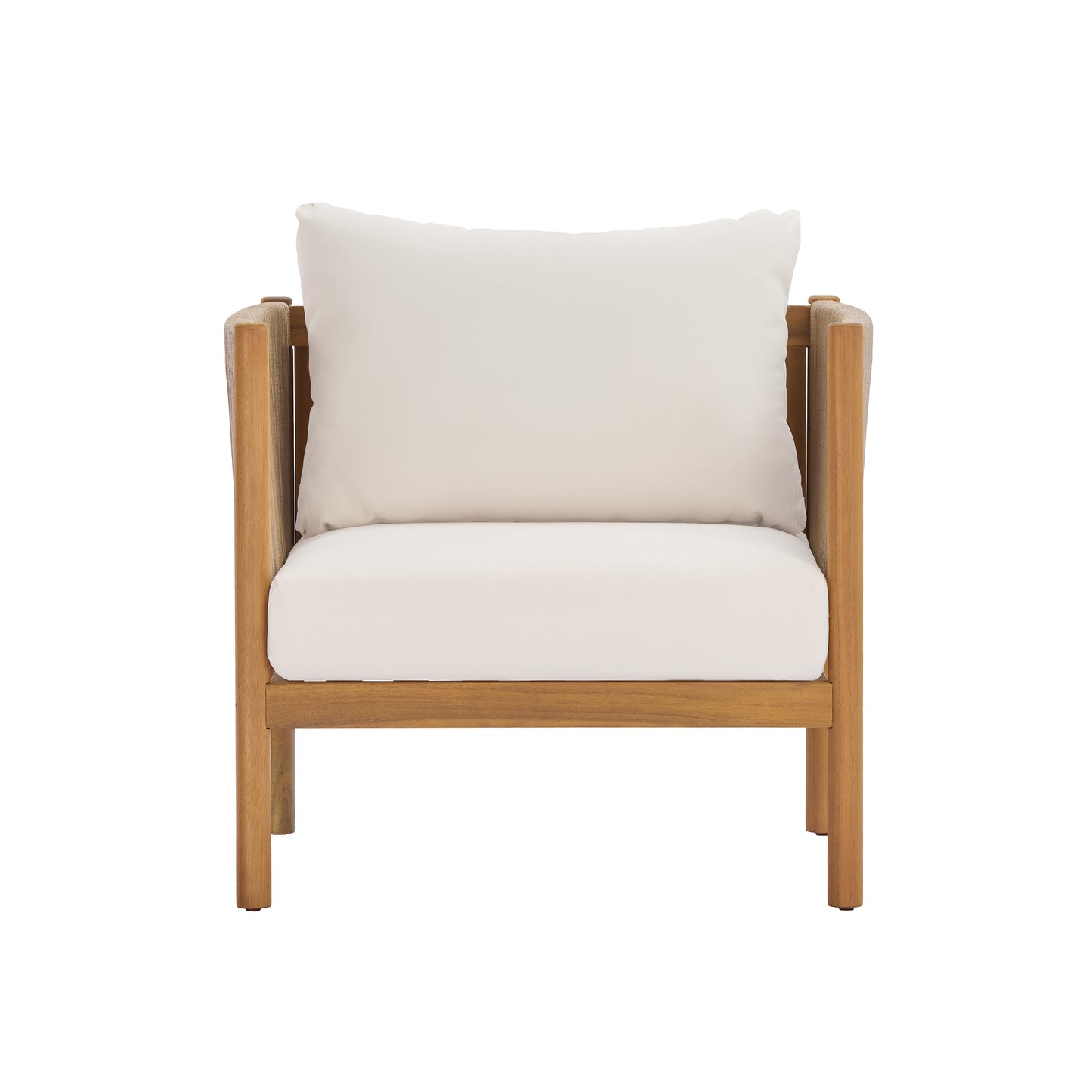 Outdoor Club Chair with Acacia Wood Frame in Teak Look, Beige Rope Panels and Cream Cushions