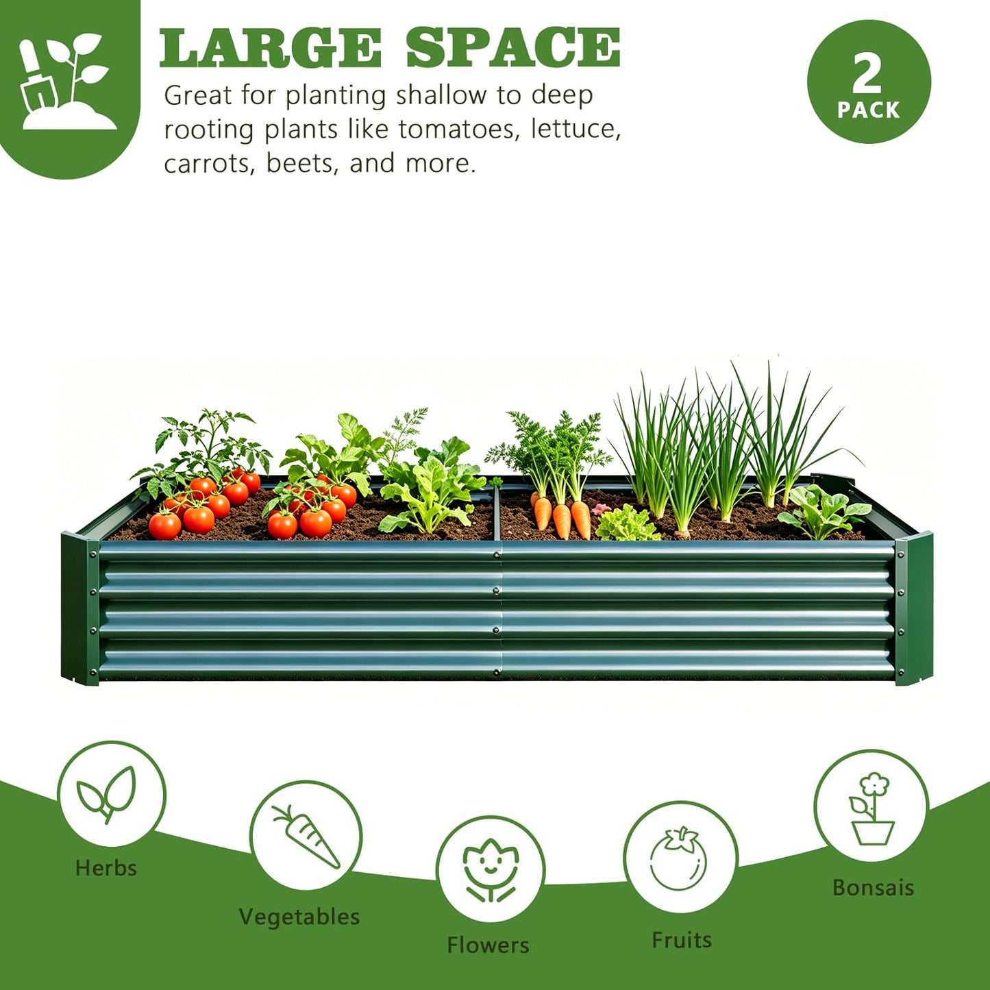 2PCS Green 6×3×1ft Metal Raised Rectangle Garden Planter Beds