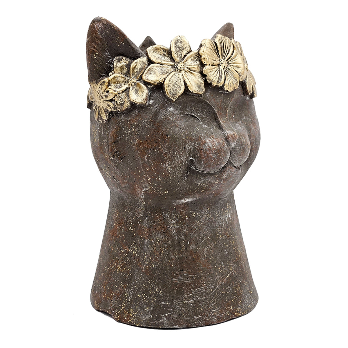 8.5x7.7x12.4" Magnesium Cat Statue Planter with Textured Brown Finish and Gold Leaf Crown