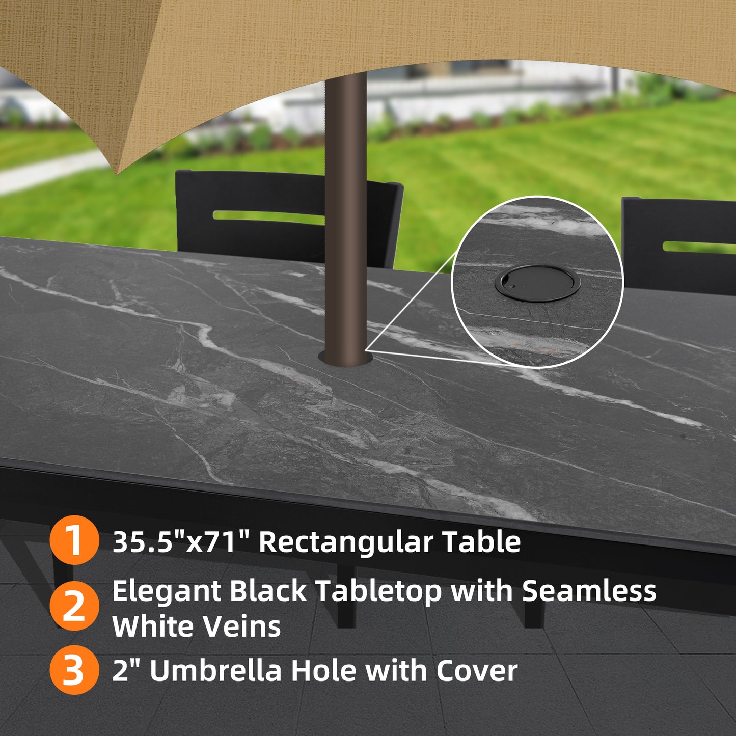 Outdoor Modern Patio 35.5"x71" Aluminum Dining Table, Black Marble-Inspired Sintered Stone Top, Ember Black Finish, Post Tapered Legs-Seats Six, Weatherproof & Rust-Free