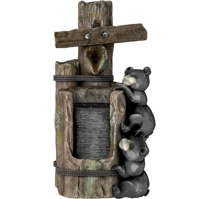 3-Tier Resin Bears on Log Outdoor Waterfall Fountain,Water Fountain with LED Lights, Pump
