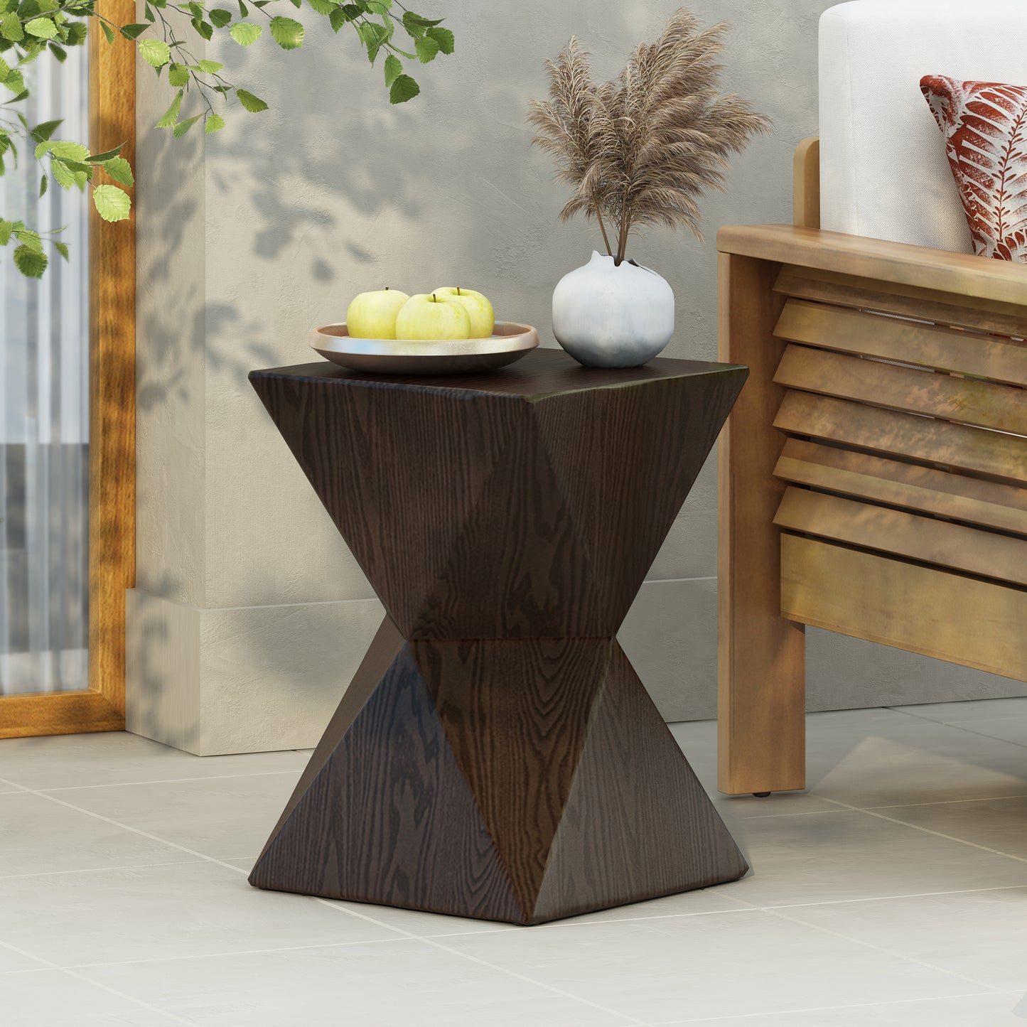 14.25" Natural Wood Grain Finish Prismatic Symmetry Concrete Outdoor Side Table with Symmetric Design – Weather-Resistant Accent for Patio, Garden, or Balcony