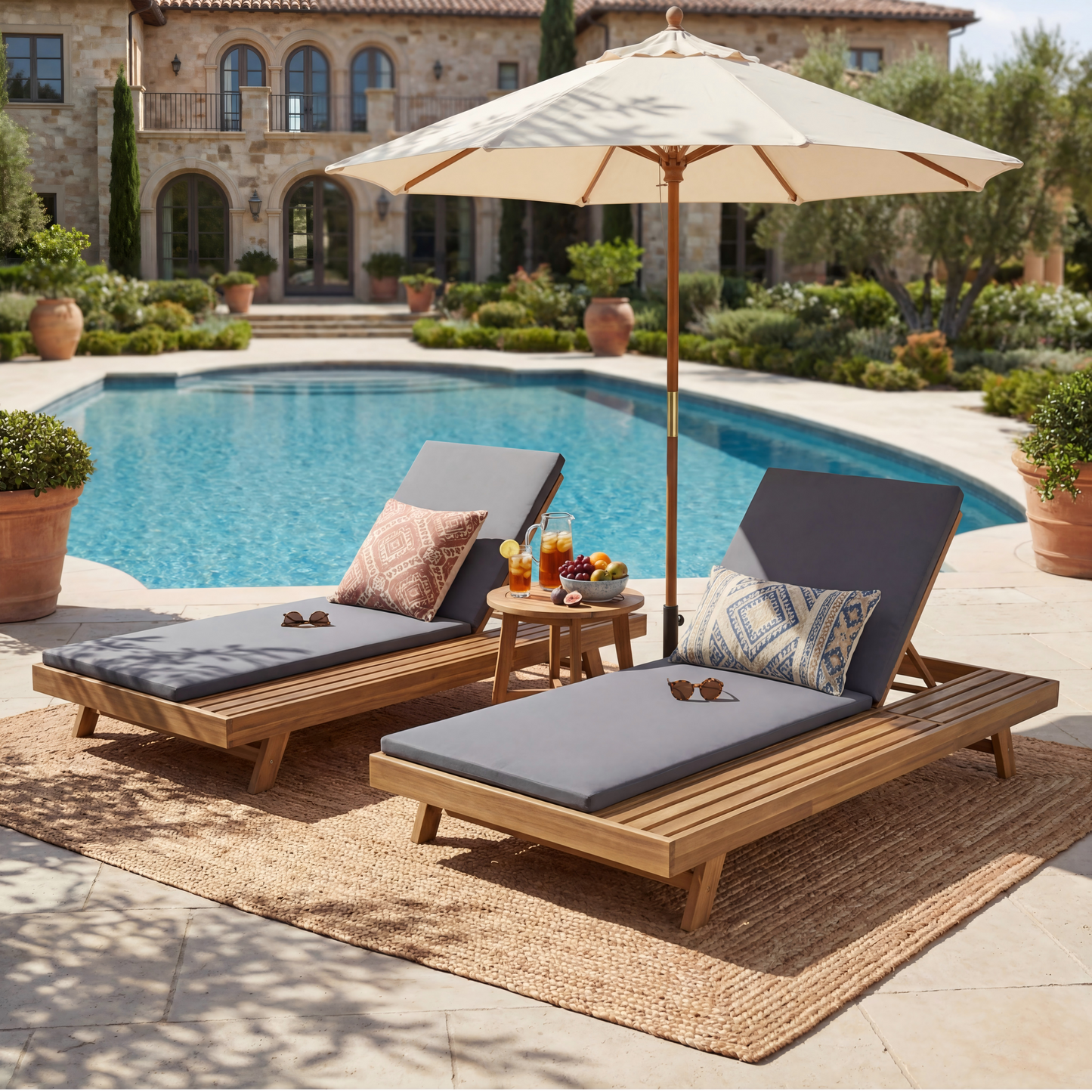 Lounge Chaise Set, Space Available On One Side, Acacia Wood In light brown With Water-Resistant Lounge Cushions (Dark Grey & 2 Inch Thick) – Matching Cream/Leaf Coconut Version Available