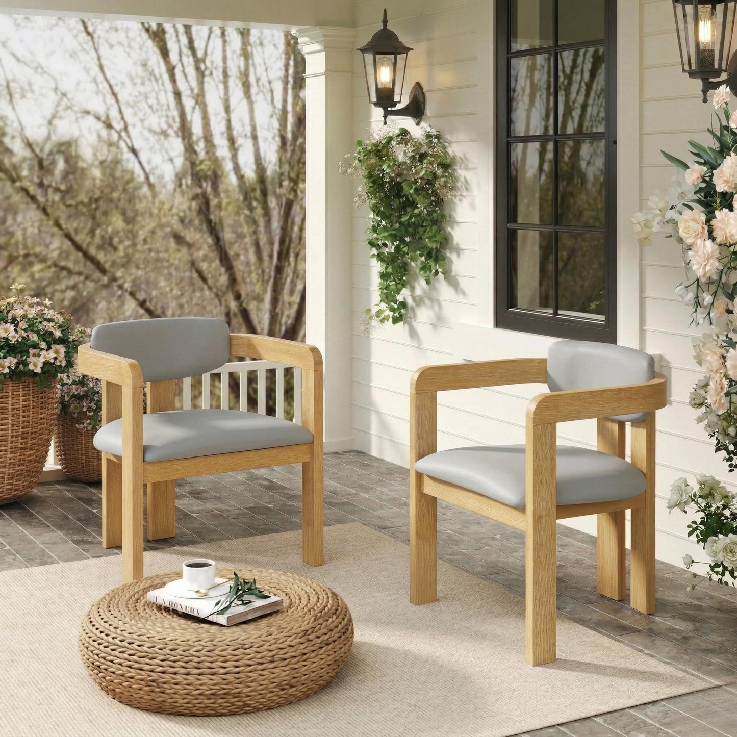 Set of 2 Outdoor Acacia Wood Dining Chairs with Cushions, Modern Solid Wood Armchairs with Weather-Resistant Upholstery for Patio, Garden, Balcony & Backyard,Grey Cushion