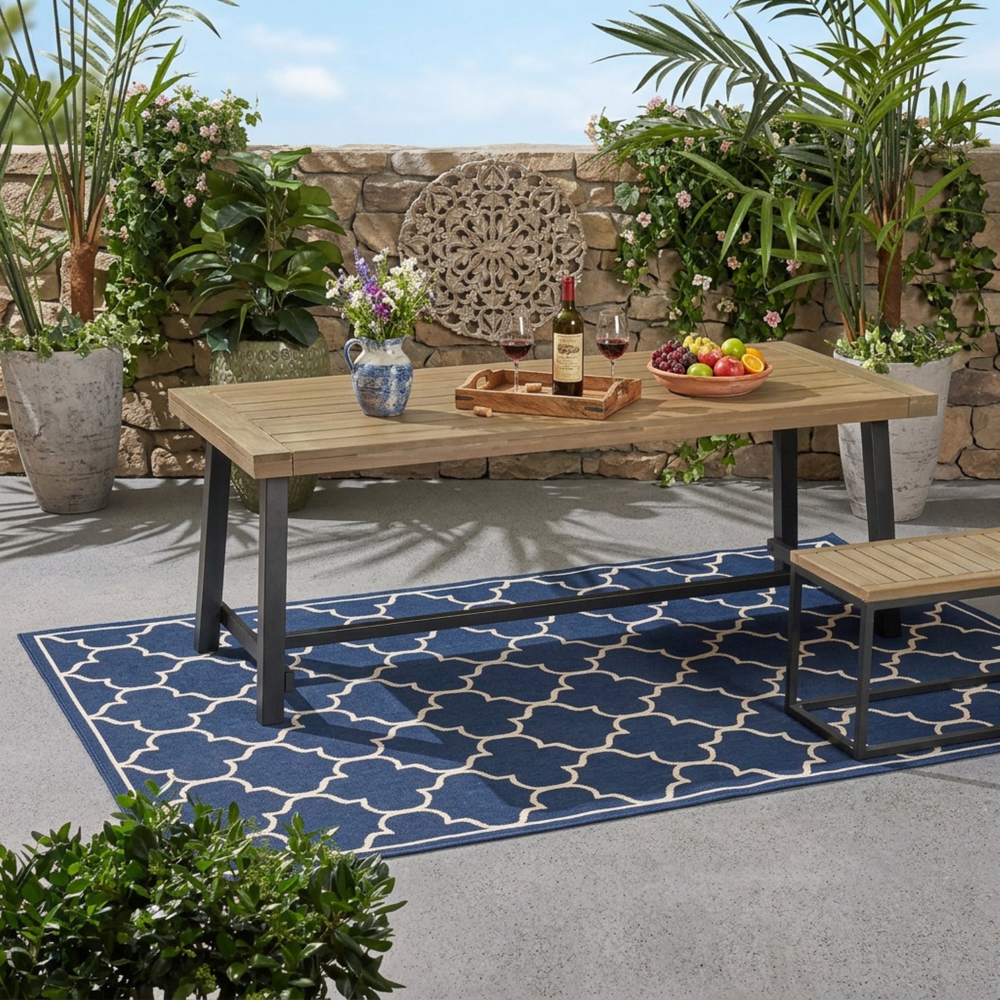 Outdoor Acacia Wood Dining Table,Grey/Rustic Metal