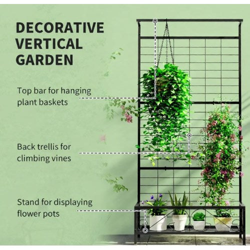 3-Tier Plant Stand With Hanging Basket - Vintage Wood & Iron Rolling Plant Shelf For Indoor Outdoor Use, Space Saving Design With Lockable Casters