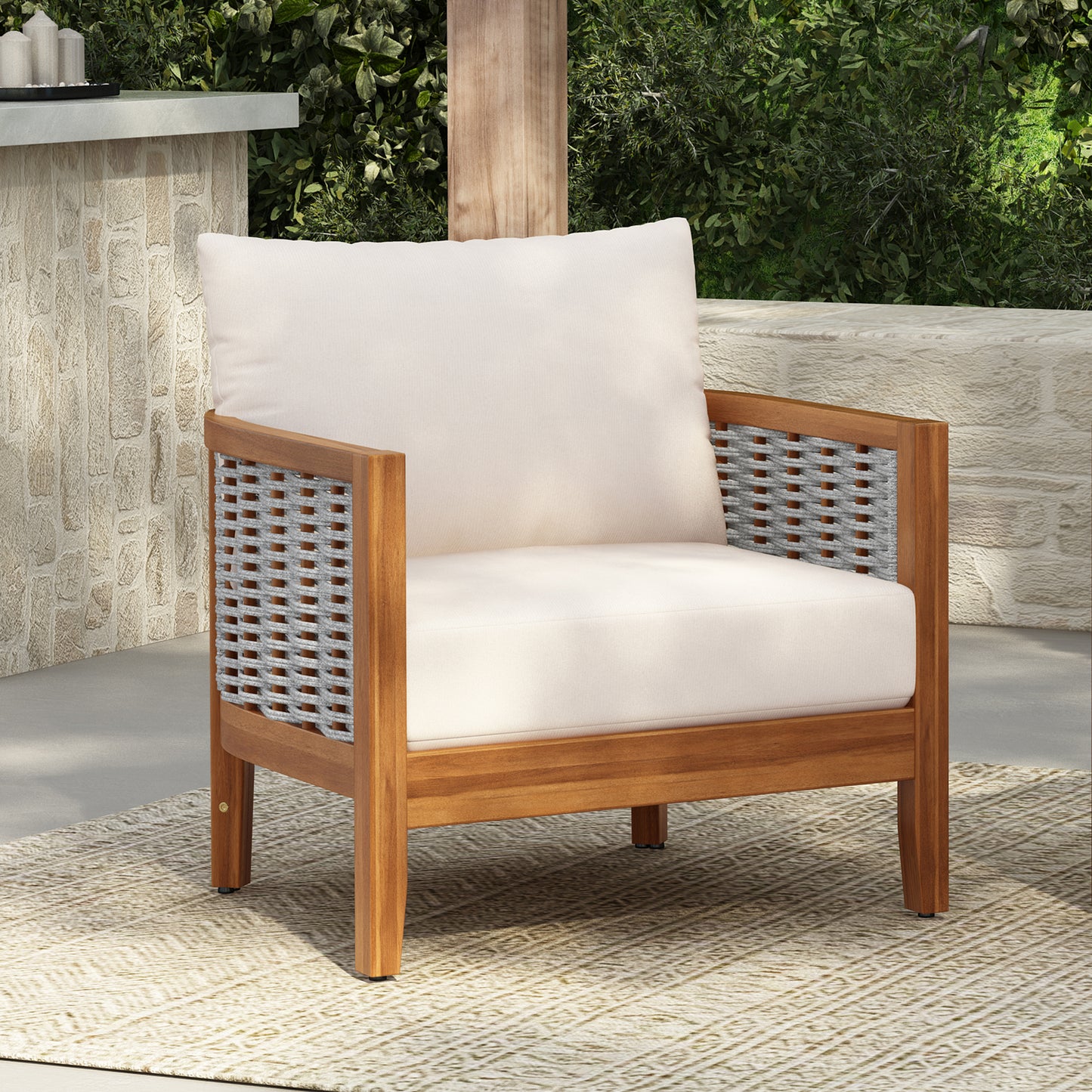 Outdoor Unique Tub Design Armchair with Woven Rope, Patio Furniture Acacia Wood Chair,  Deep Seating with Soft Cushions for Porch, Garden, Backyard, Balcony, Teak Finish & Beige Cushion
