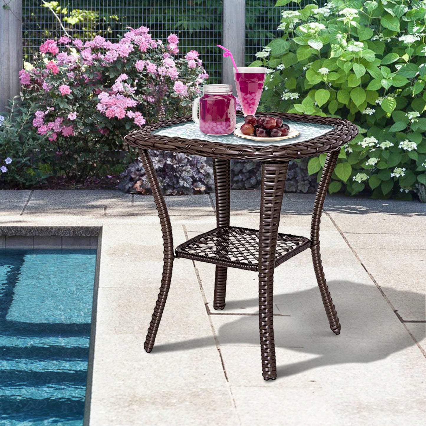 Outdoor Side Table, Indoor Outdoor Glass Top Wicker Coffee Bistro Table, All-Weather Patio Square Storage End Table, Steel Frame, 20''x 20''x20''