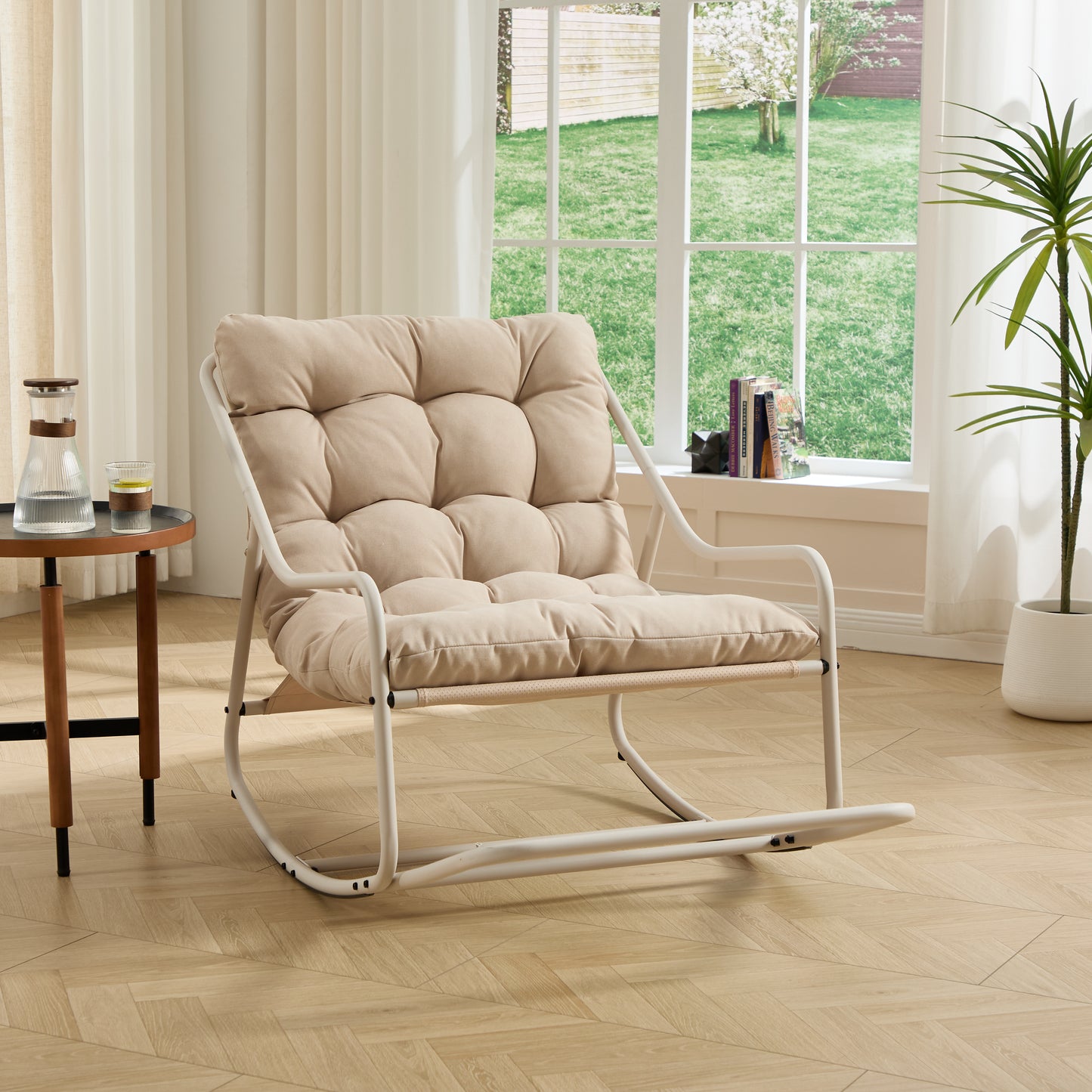 Outdoor Rocking Chair, Comfy Cushion, with Soft Thick Cushion,for Living Room, Bedroom, Reading Room, Beige Frame with Beige Cushion