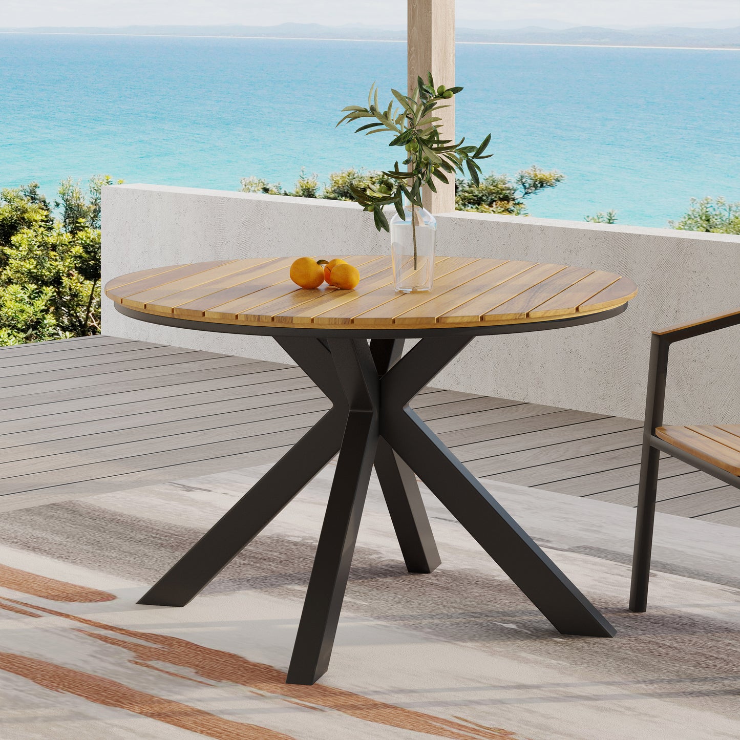 Outdoor Dining Table, Teak Acacia Wood Tabletop and Black Metal Leg