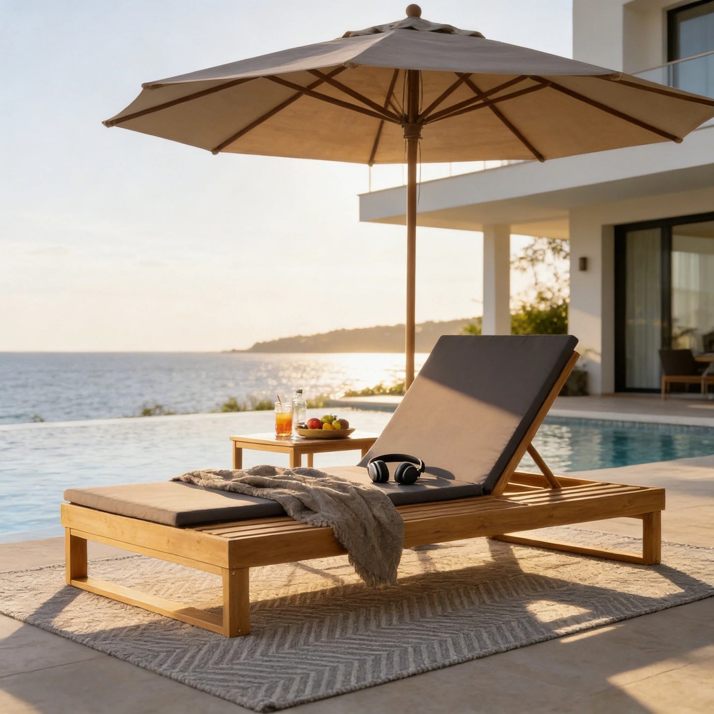 Teak Finish Acacia Wood Chaise Lounge with 1.57-Inch Dark Gray 2-Fold Cushion Set, 4-Position Adjustable with Flat Side Surface, for Poolside - Matching cream,leaf coconut version available