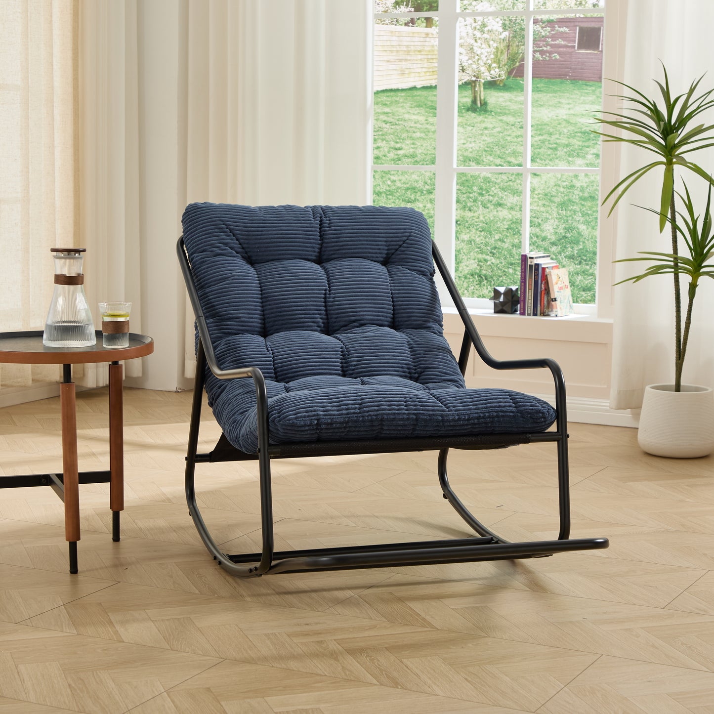 Outdoor Rocking Chair, Comfy Cushion, with Soft Thick Cushion,for Living Room, Bedroom, Reading Room, Black Frame with Navy blue Cushion