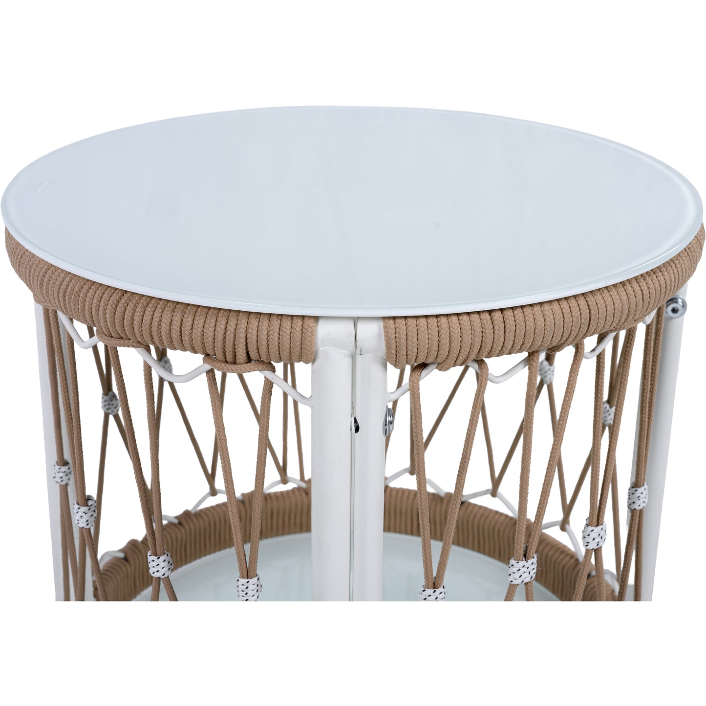 17.32" Bohemian Garden Accent Outdoor Side Table - Handwoven Rope with Powder-Coated Steel Frame, Glass Top, Small Patio End Table for Drinks, Plants