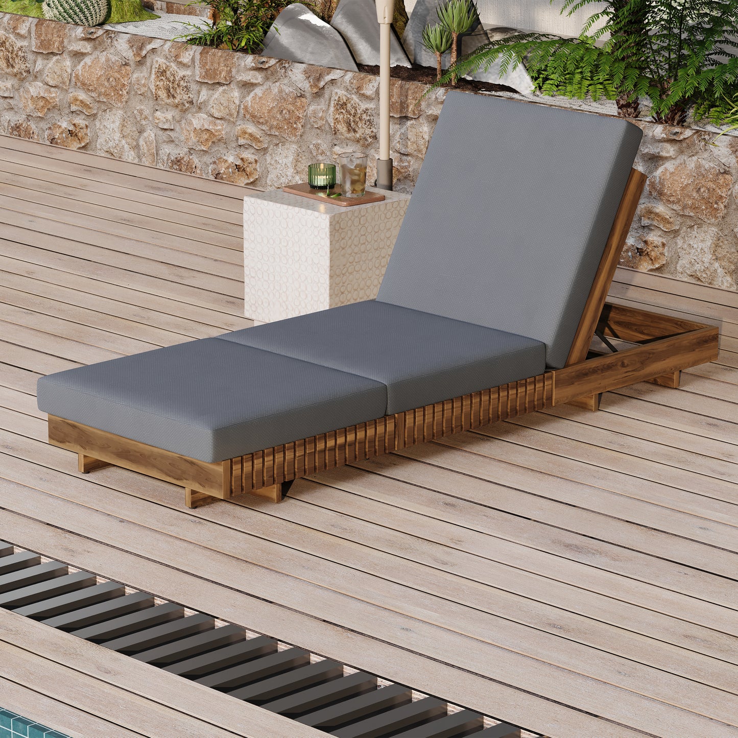 Lounge chaise Set, Acacia solid wood with  LOUNGE CUSHION (Dark Grey+TRIPLE FOLDS) - Matching Cream Version Available